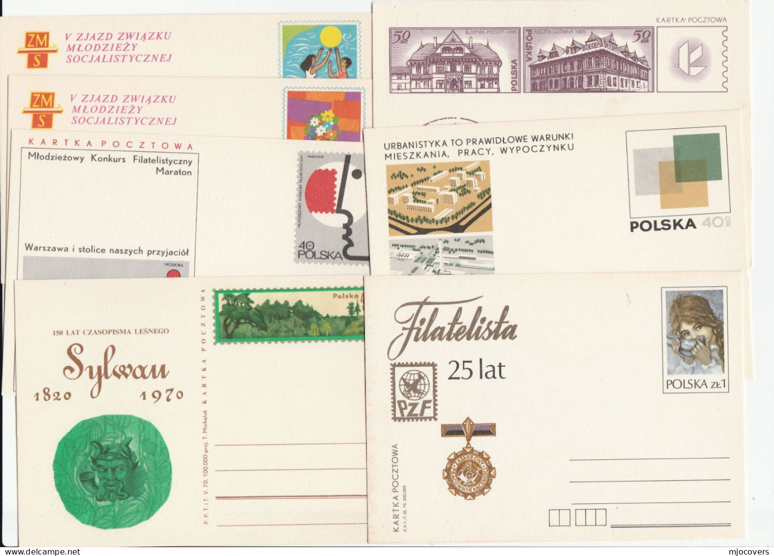 7 Diff 1970s POLAND Illus POSTAL STATIONERY CARDS Map Youth Philately Forest Urban Living Architecture Cover Stamps Card - Enteros Postales