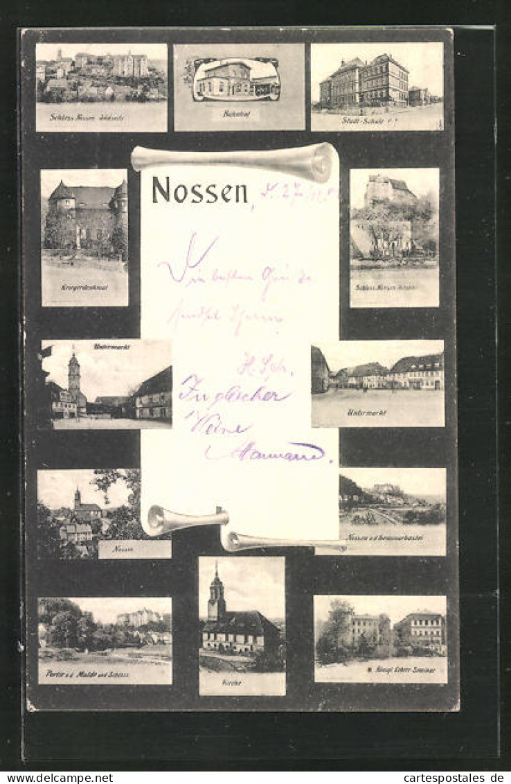 AK Nossen, Bahnhof, Stadt-Schule, Der Untermarkt, Das Kgl. Lehrer-Seminar, Die Kirche, Am Kriegerdenkmal  - Nossen