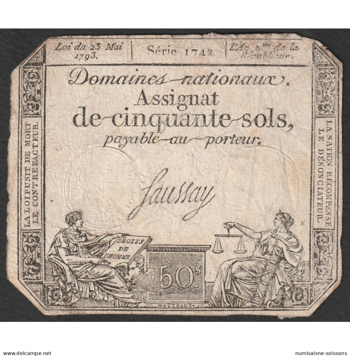 ASSIGNAT DE 50 SOLS - 23/05/1793 - DOMAINES NATIONAUX - SERIE 1742 - TTB - Assignats & Mandats Territoriaux