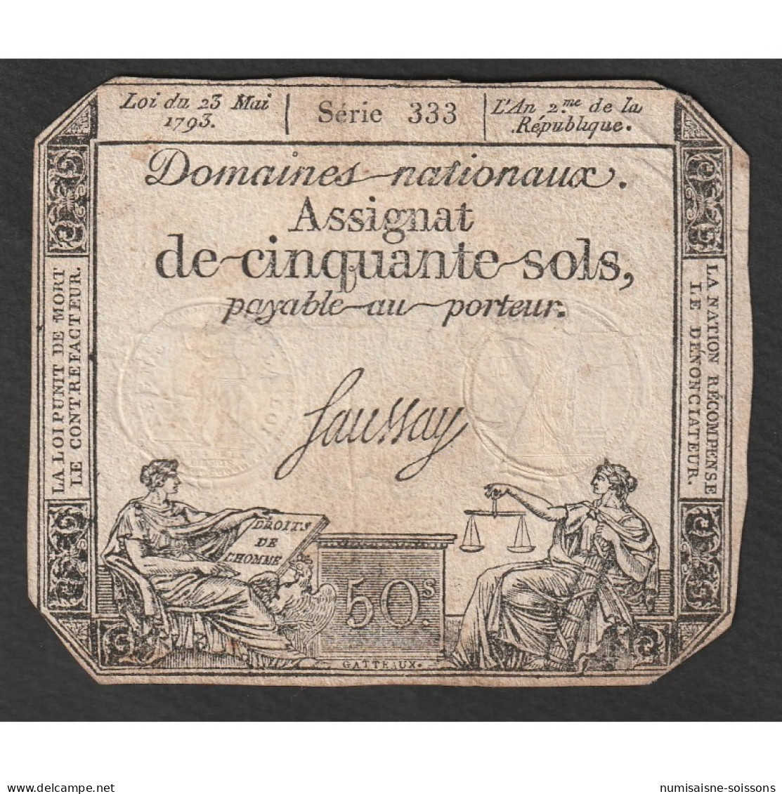 ASSIGNAT DE 50 SOLS - 23/05/1793 - DOMAINES NATIONAUX - SERIE 333 - TTB - Assignats