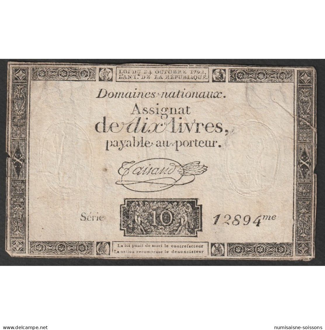 ASSIGNAT DE 10 LIVRES - 24/10/1792 - DOMAINES NATIONAUX - SERIE 12894 - TB+ - Assegnati