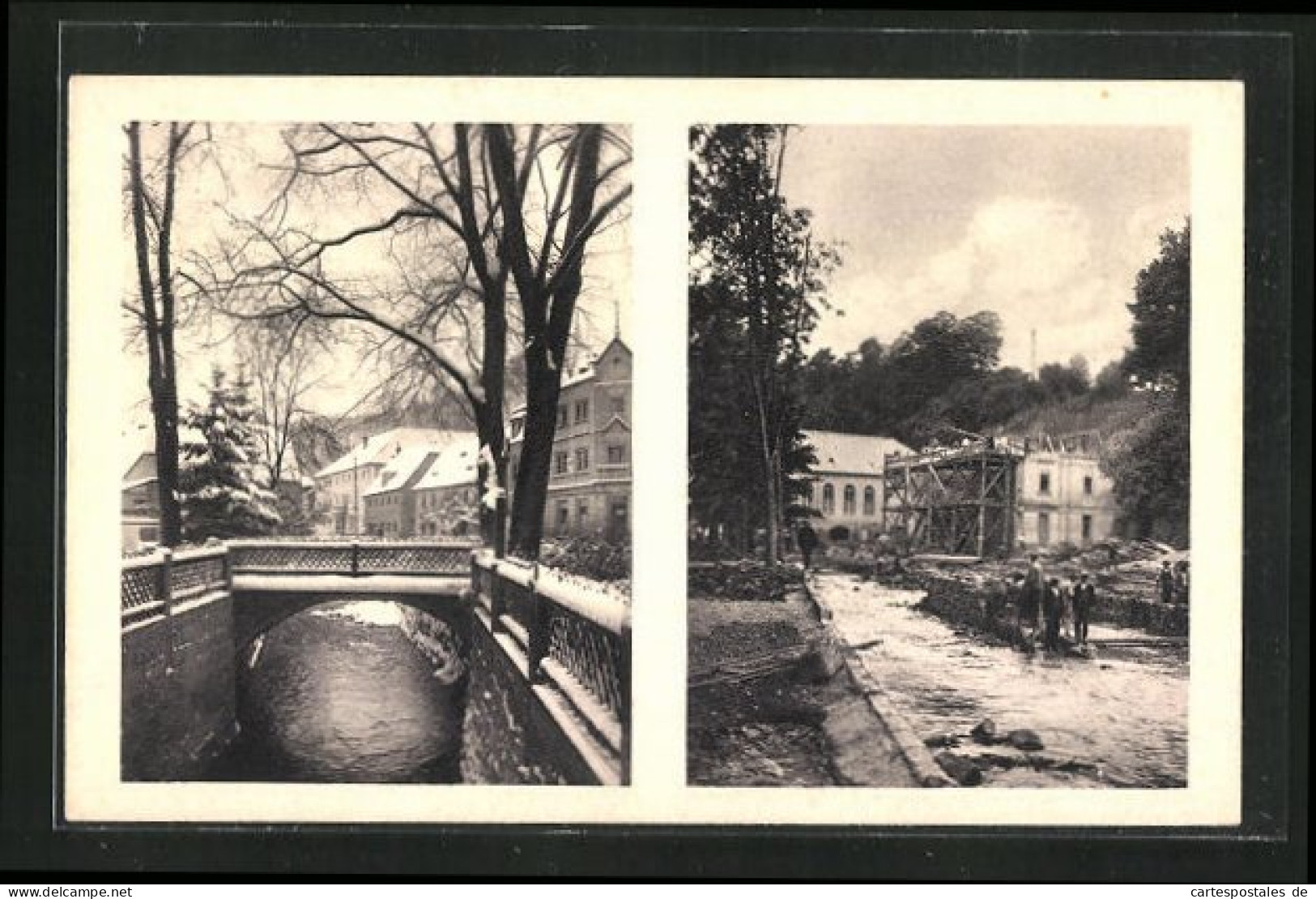 AK Bad Berggiesshübel, Partie Am Badehotel, Die Kleine Brücke Vor Und Nach Dem Unwetter 8. /9. Juli 1927  - Inondations