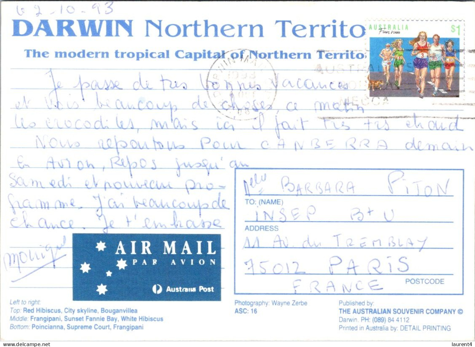 12-4-2024 (1 Z 41) Australia (posted To France With Athletic Stamp) NT - Darwin - Darwin