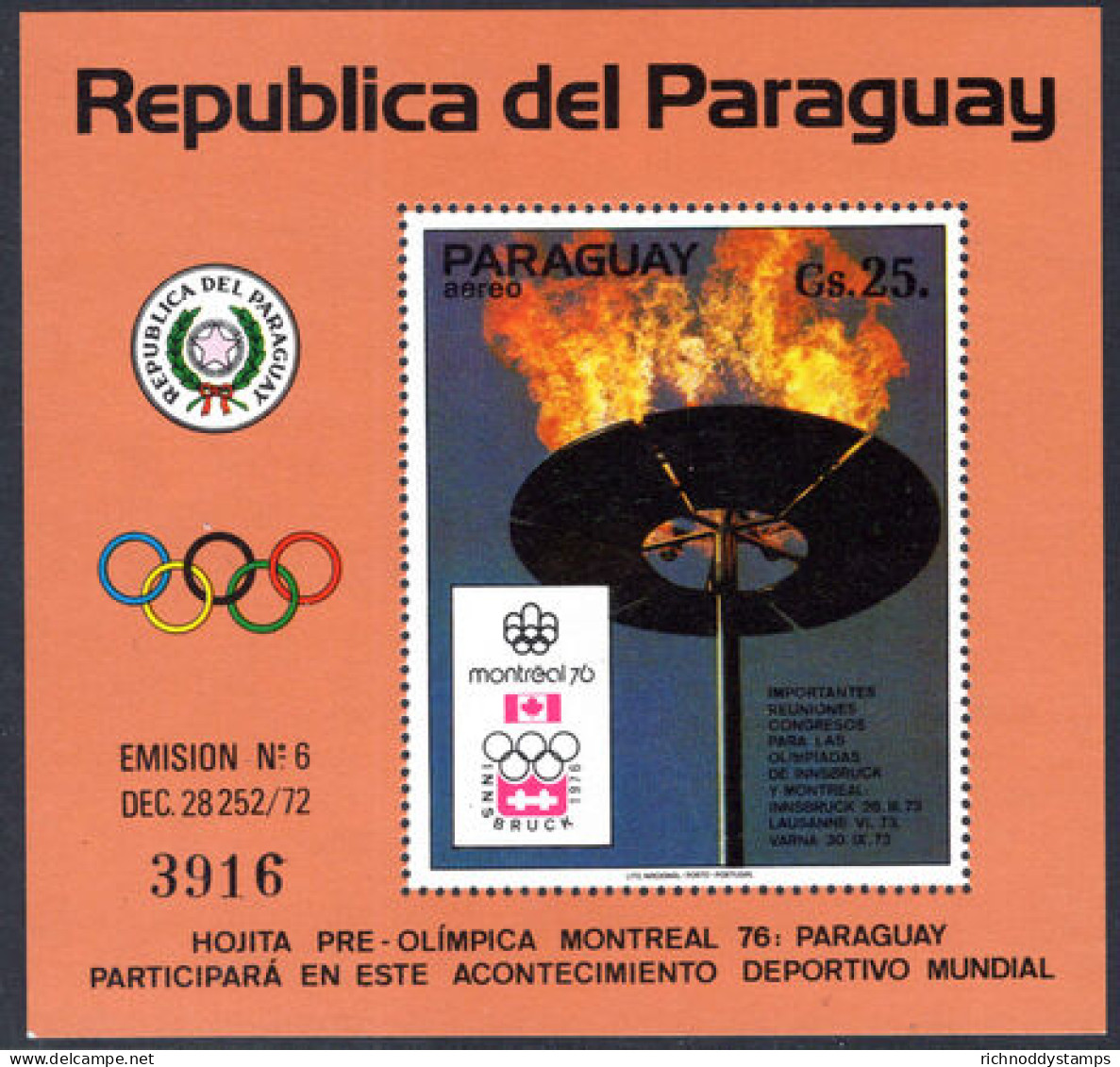 Paraguay 1974 Olympics Souvenir Sheet Unmounted Mint. - Paraguay