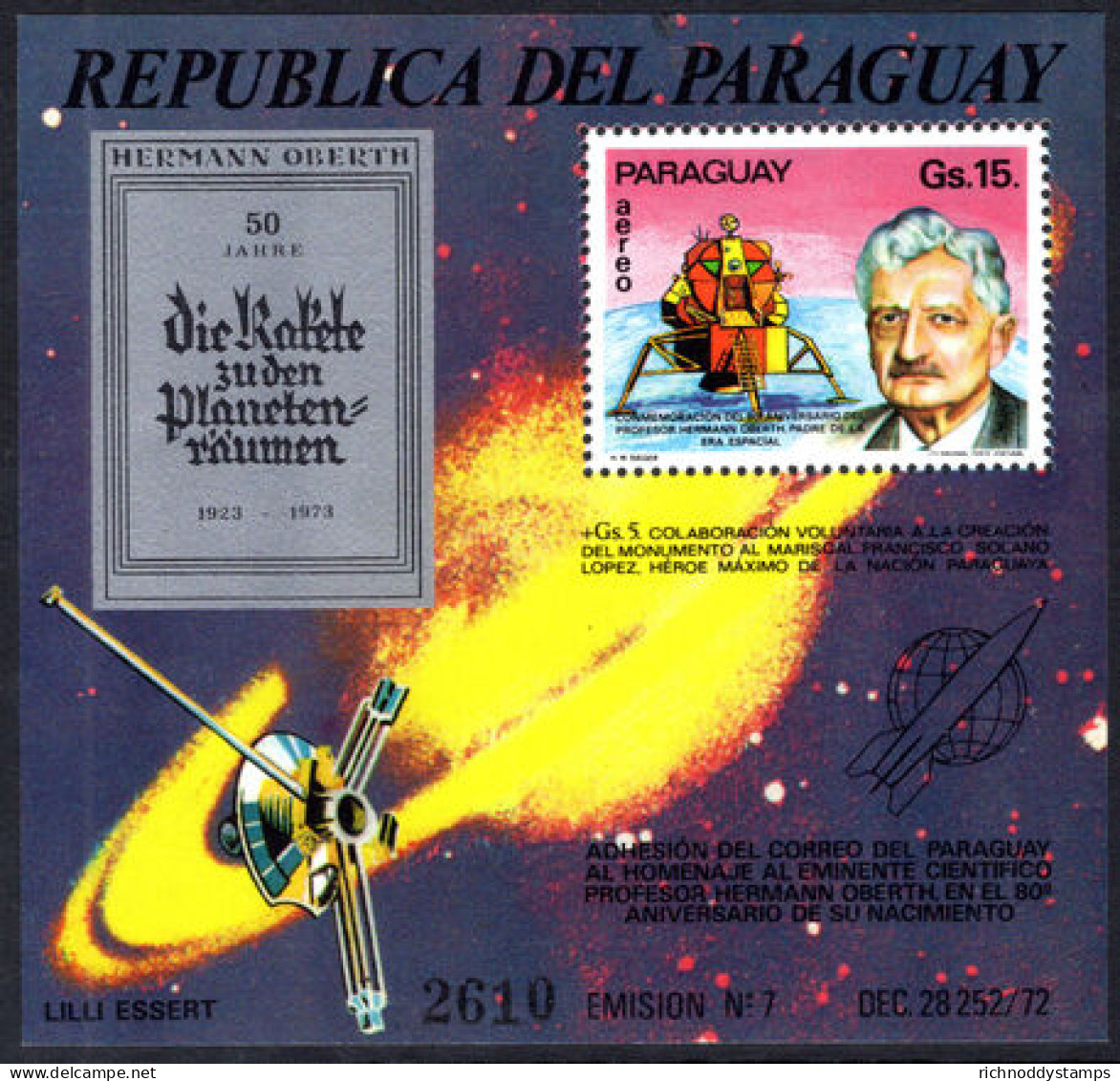 Paraguay 1974 Hermann Oberth's Birthday Souvenir Sheet Unmounted Mint. - Paraguay