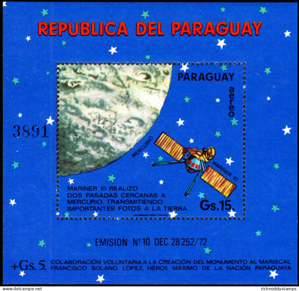 Paraguay 1974 Mariner 10 Souvenir Sheet Unmounted Mint. - Paraguay