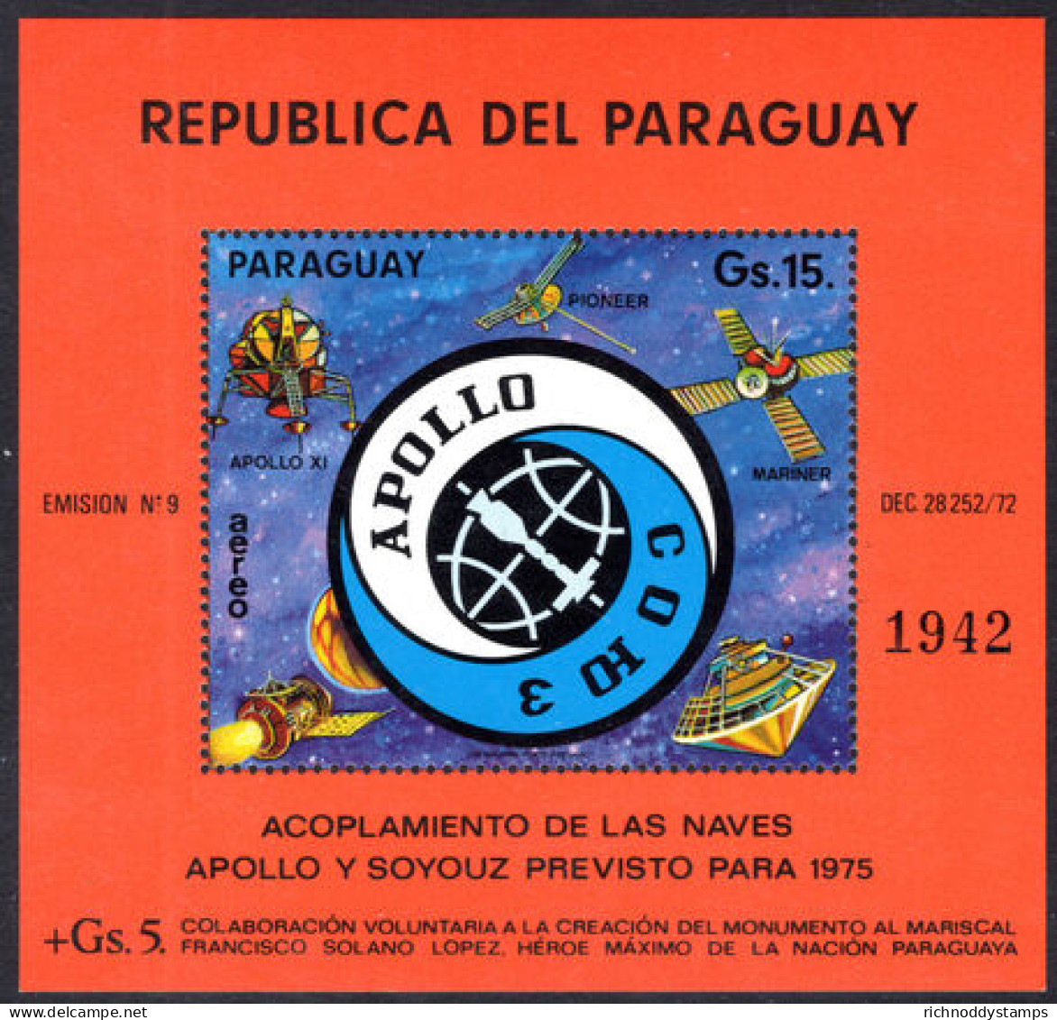 Paraguay 1974 American-Soviet Space Venture Apollo-Soyuz Souvenir Sheet Unmounted Mint. - Paraguay