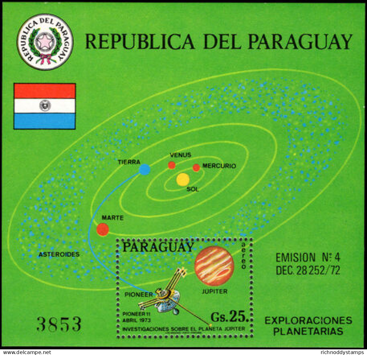 Paraguay 1973 Pioneer 11 Souvenir Sheet Unmounted Mint. - Paraguay