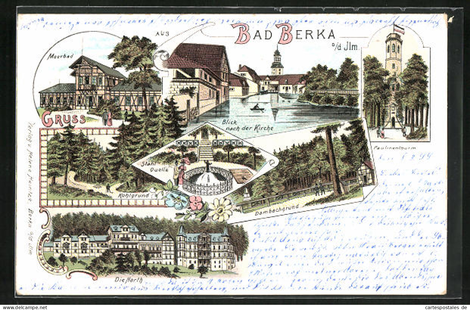 Lithographie Bad Berka A. D. Ilm, Stahl-Quelle, Moorbad, Paulinenthurm  - Bad Berka