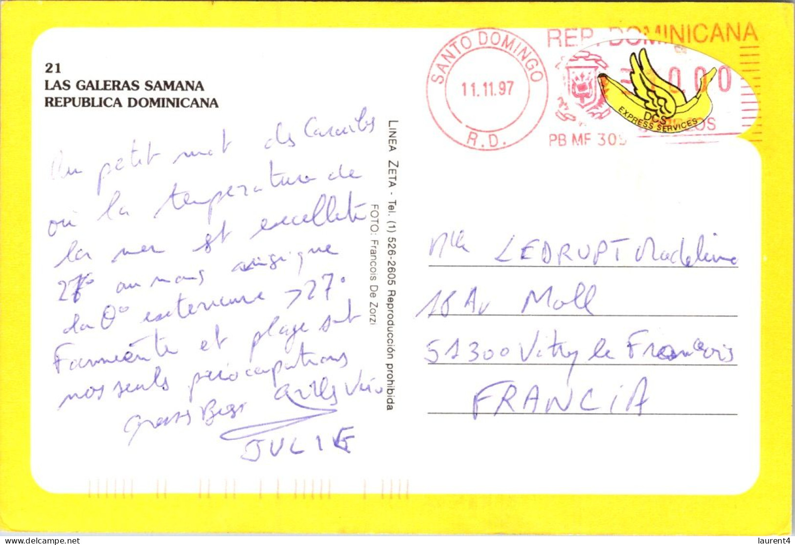 12-4-2024 (1 Z 41) Rep Dominicana (posted To France 1997) Las Galeras Samana (beach) With Unusual Banana Shape Stamp - Repubblica Dominicana