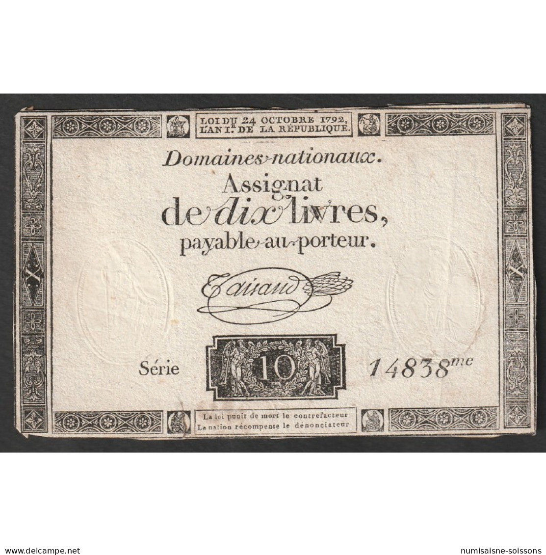 ASSIGNAT DE 10 LIVRES - 24/10/1792 - DOMAINES NATIONAUX - SERIE 14838 - TB+ - Assignats & Mandats Territoriaux