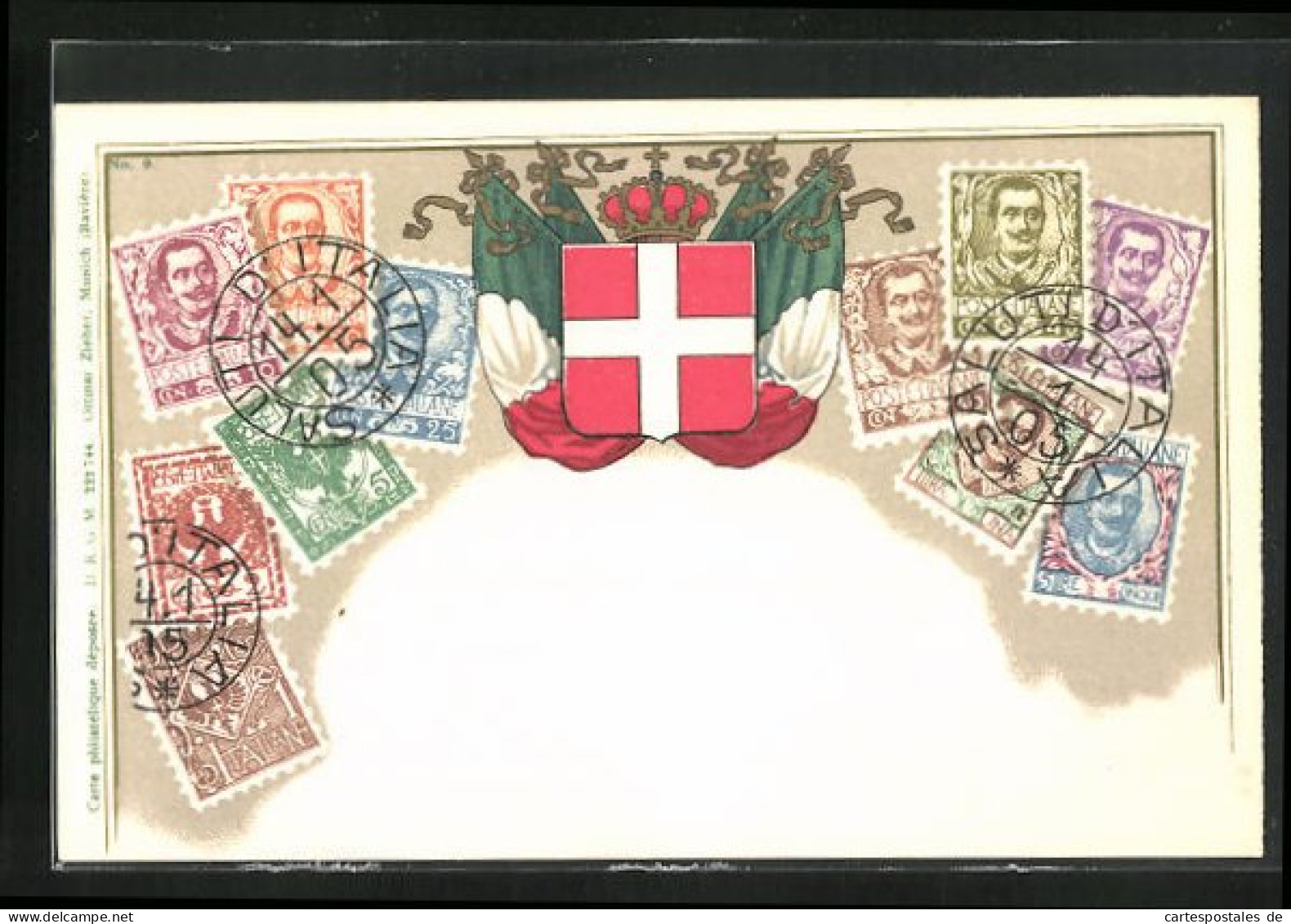 AK Italien, Briefmarken, Fahne Und Wappen  - Briefmarken (Abbildungen)