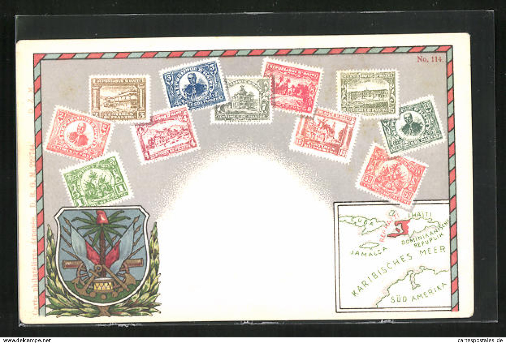 Präge-AK Haiti, Briefmarken, Landkarte Und Wappen  - Timbres (représentations)
