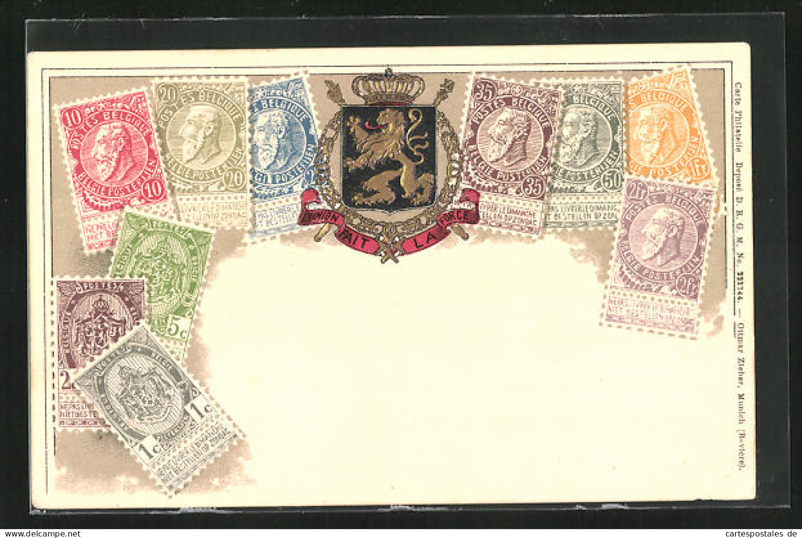 Präge-AK Belgien, Briefmarken, Wappen Mit Löwe Und Krone  - Briefmarken (Abbildungen)