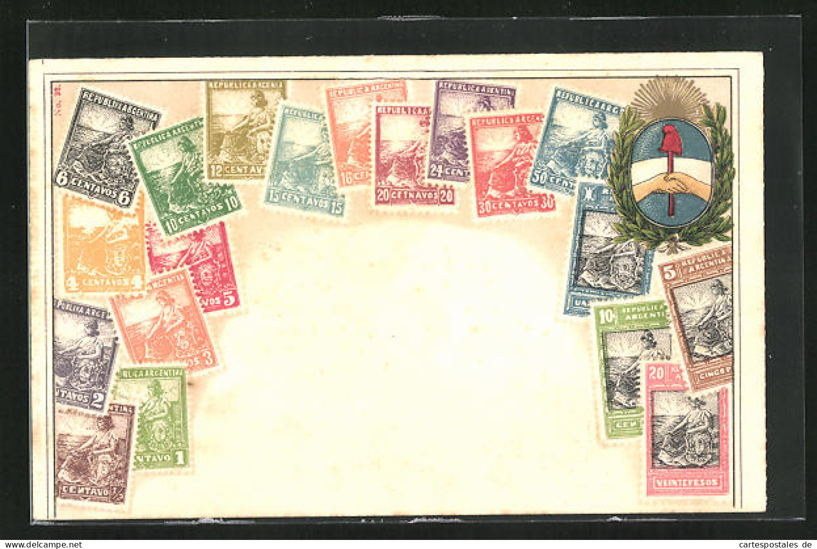 Präge-AK Argentinien, Briefmarken, Wappen  - Briefmarken (Abbildungen)