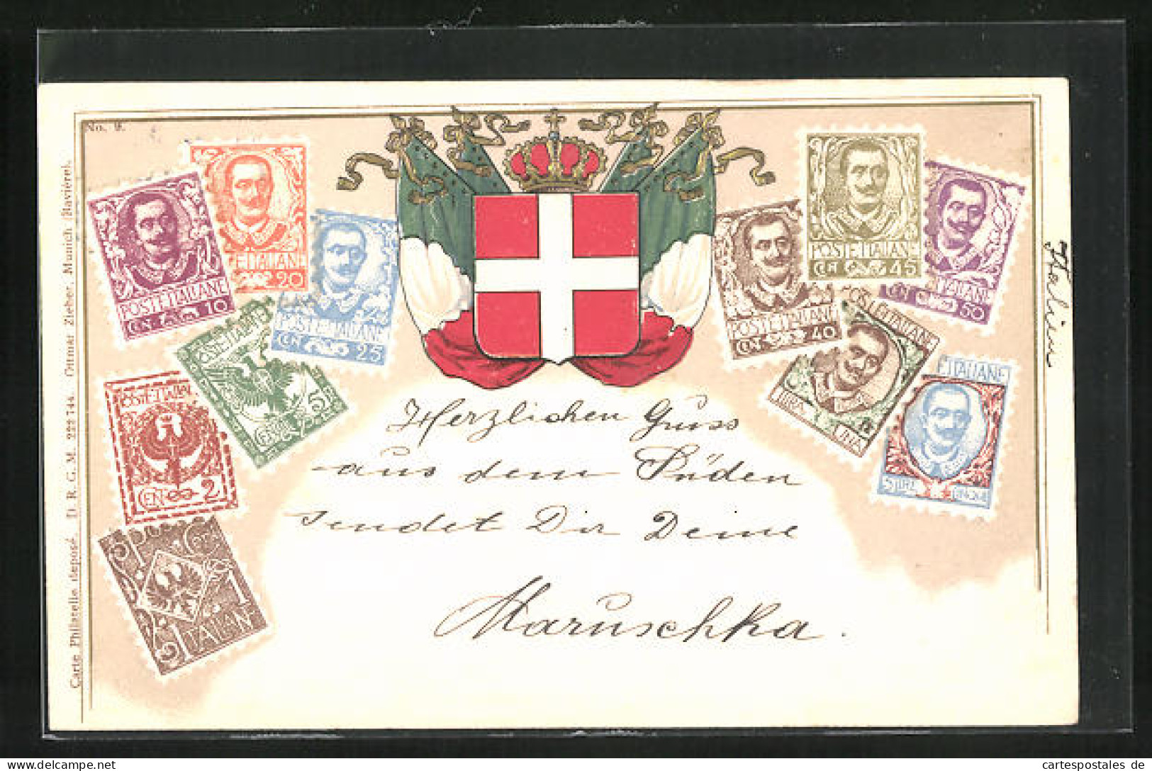 Präge-AK Italien, Briefmarken, Wappen Mit Fahnen  - Timbres (représentations)