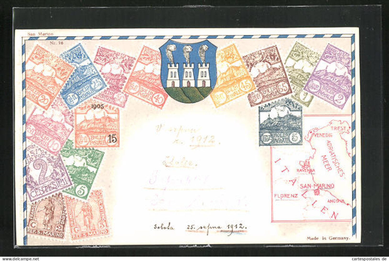 Präge-AK San-Marino, Briefmarken, Wappen Mit Türmen, Landkarte  - Timbres (représentations)