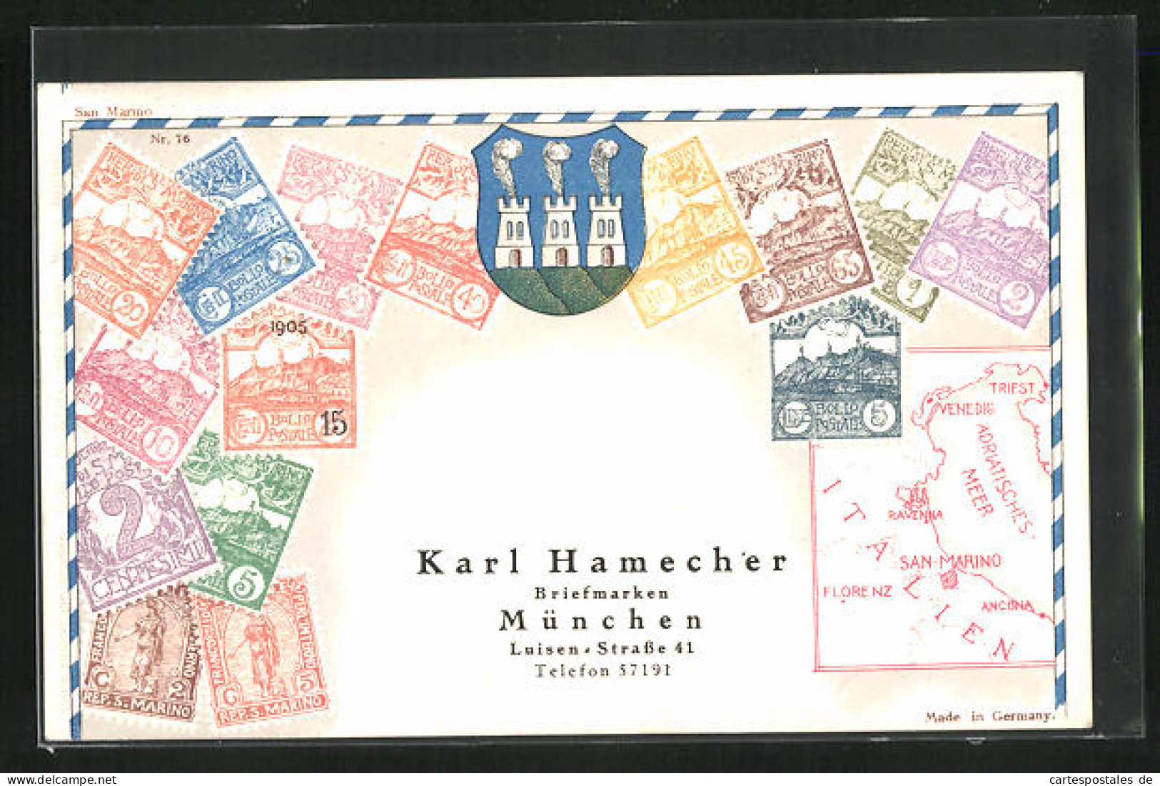 AK San-Marino, Briefmarken, Wappen Mit Türmen, Landkarte  - Timbres (représentations)