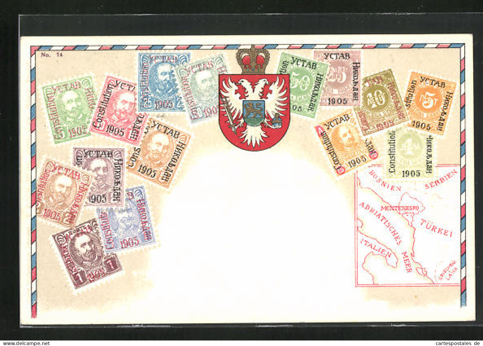 AK Montenegro, Briefmarken, Wappen Und Landkarte  - Timbres (représentations)