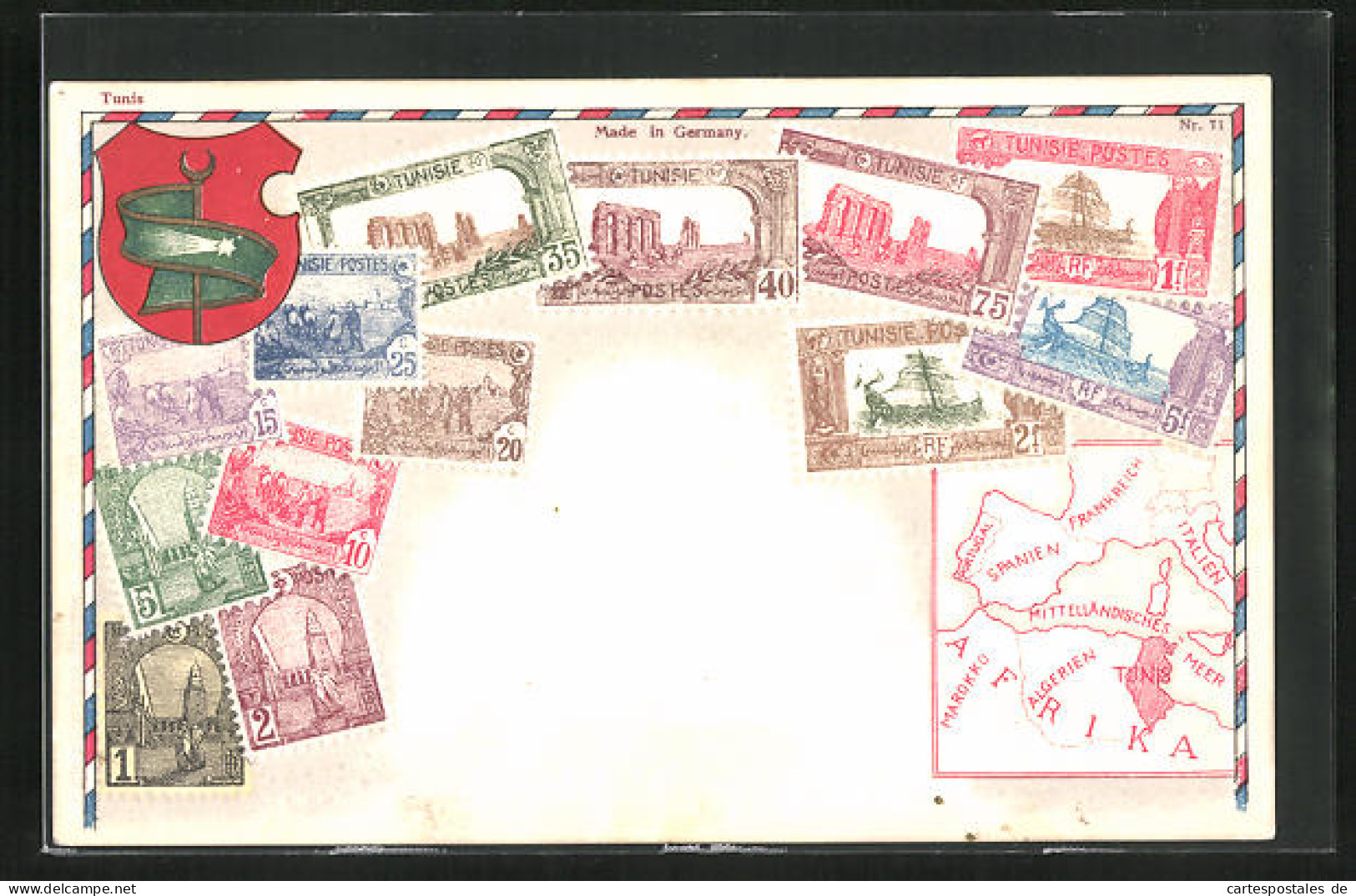 Präge-AK Tunesien, Briefmarken, Wappen Und Landkarte  - Timbres (représentations)