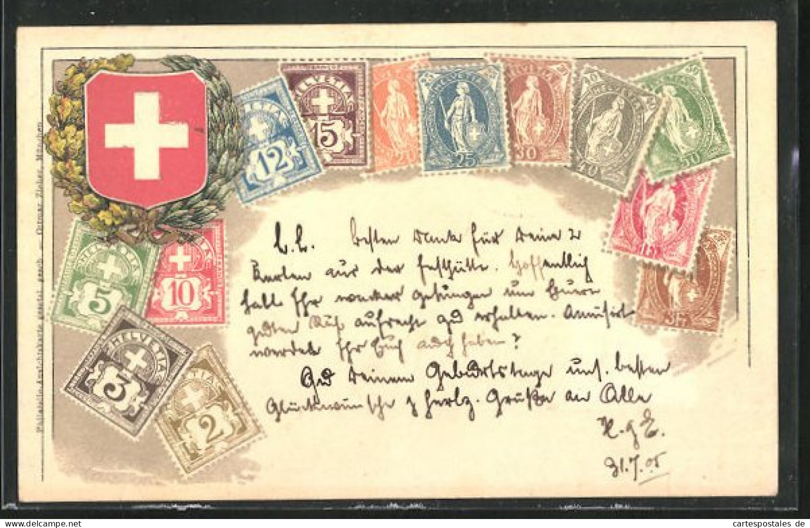 Präge-AK Schweiz, Briefmarken, Wappen Mit Kranz  - Stamps (pictures)