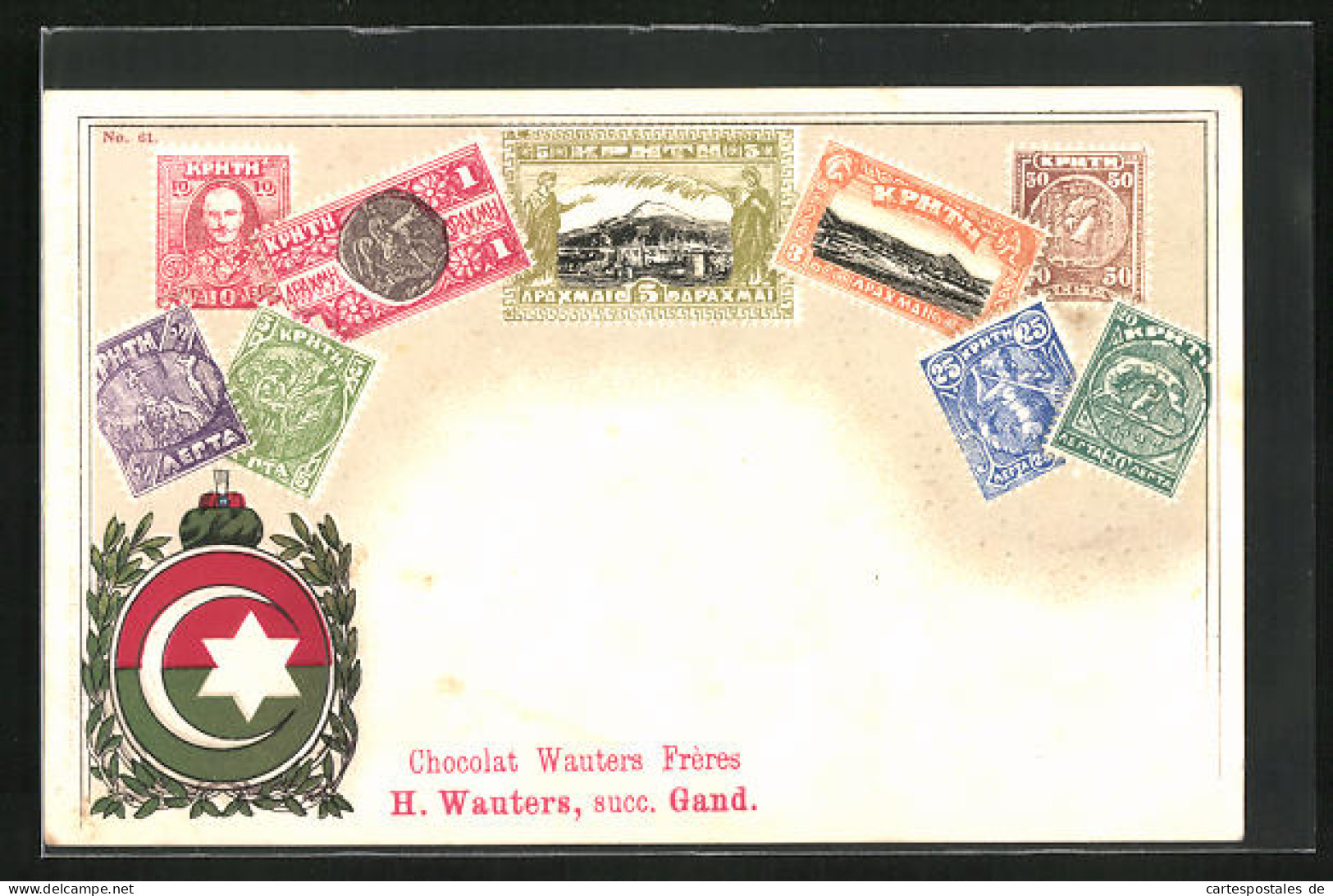 Präge-Künstler-AK Kreta, Briefmarken Und Wappen, Chocolat Wauters Frères Gand  - Stamps (pictures)