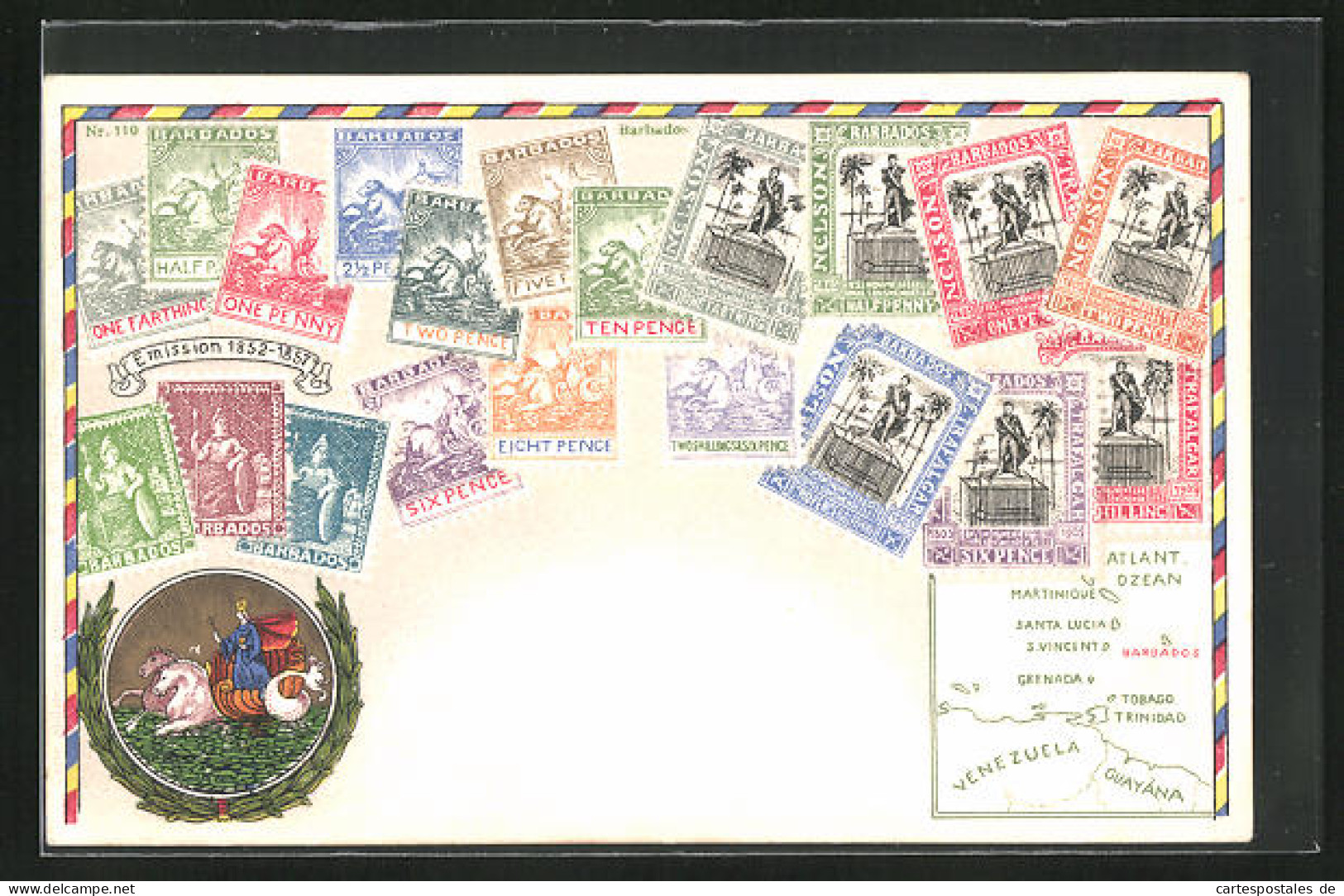 Präge-Künstler-AK Barbados, Landkarte Mit Venezuele, Guayana Und Martinique, Briefmarken Und Wappen  - Stamps (pictures)