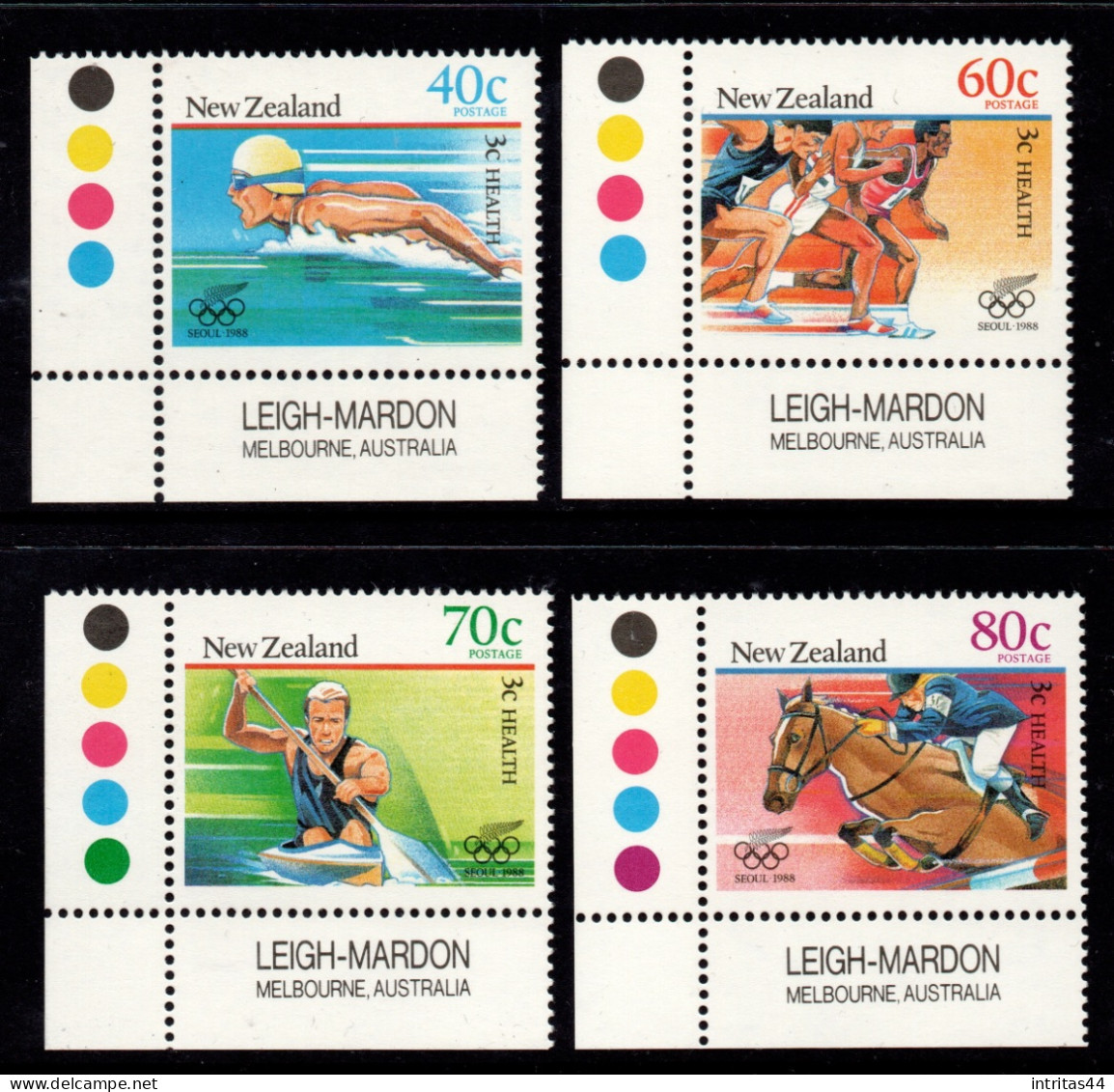 NEW ZEALAND 1988 HEALTH " SWIMMING / TRACK & FIELD / CANOEING / EQUESTRIAN " CORNER IMPRINT SET MNH - Nuovi