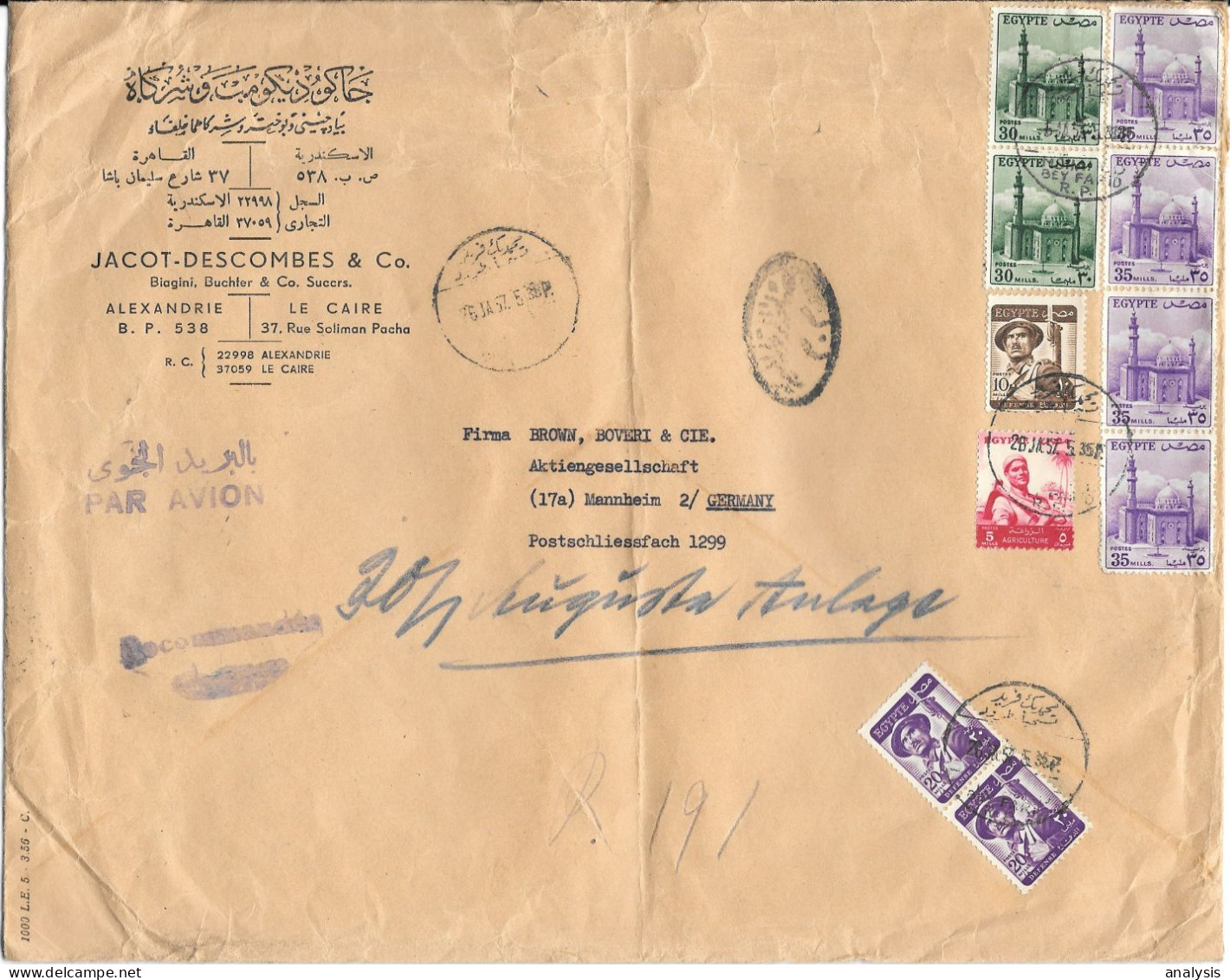 Egypt Cairo Registered Cover Mailed To Germany 1957. 255M Rate - Lettres & Documents