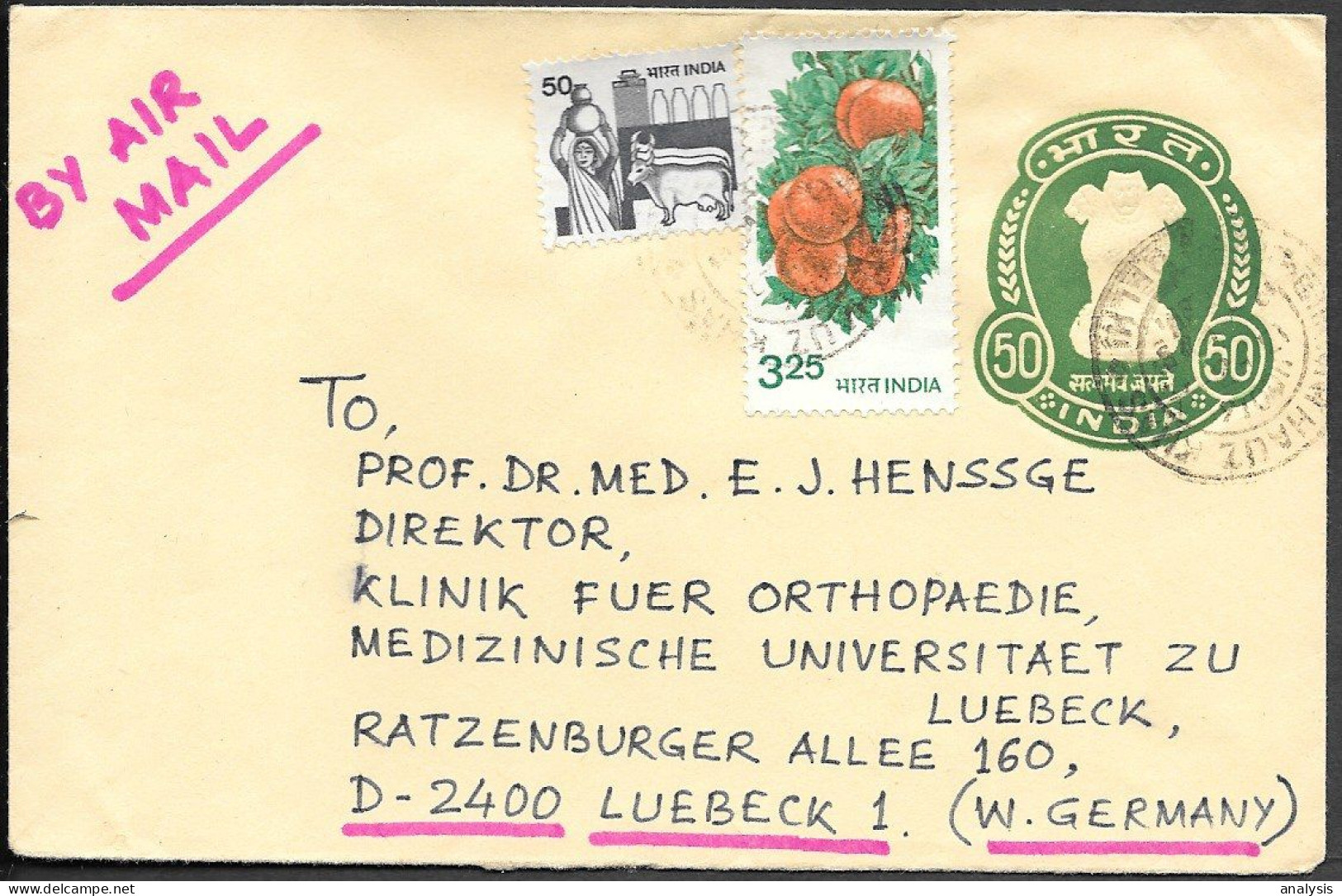 India Uprated Postal Stationery Cover Mailed To Germany 1980s. Orange Cows Milk Stamps - Lettres & Documents