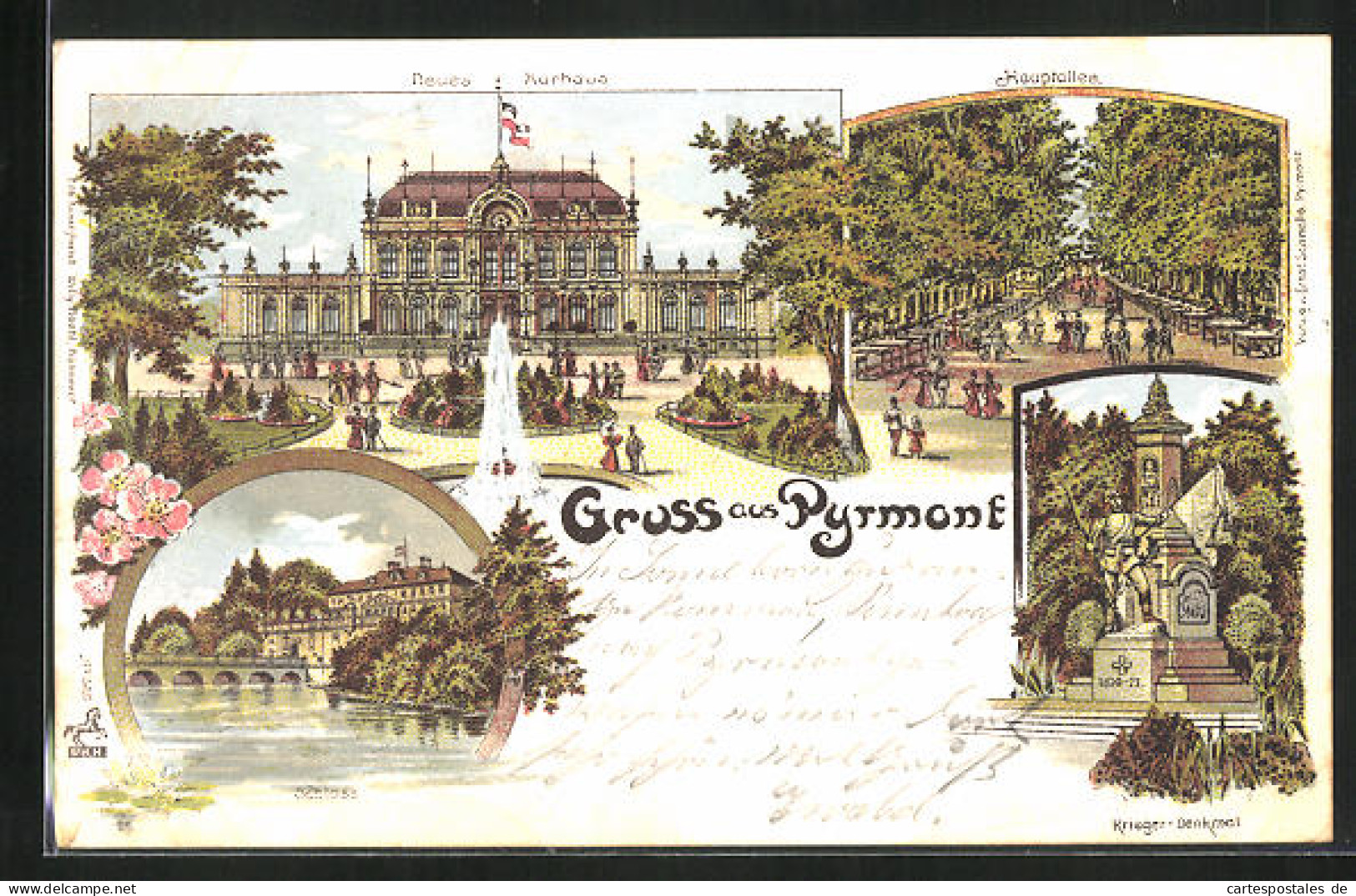 Lithographie Pyrmont, Neues Kurhotel, Haupthalle, Schloss, Kriegerdenkmal  - Bad Pyrmont