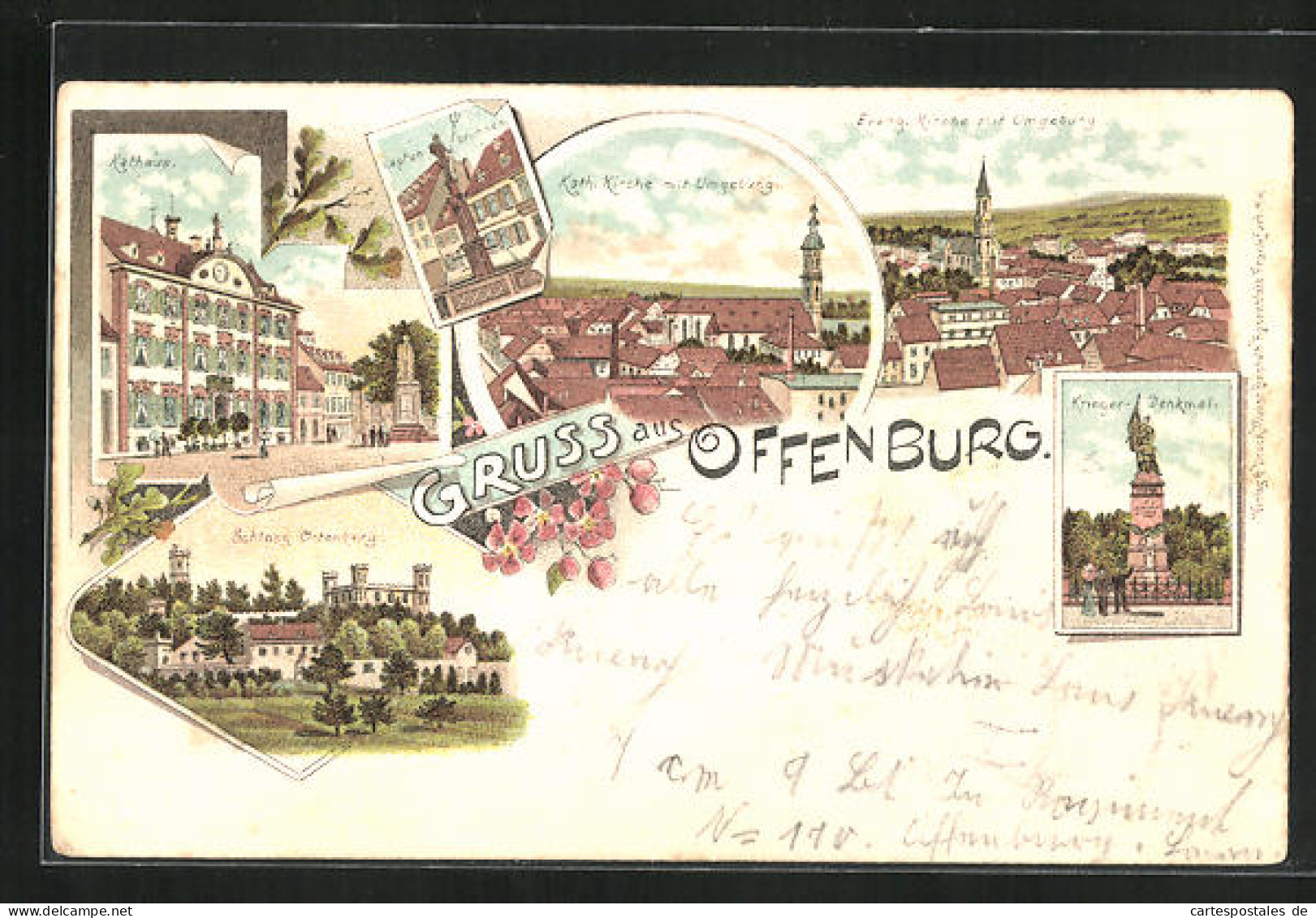 Lithographie Offenburg, Rathaus, Schloss, Kriegerdenkmal  - Offenburg