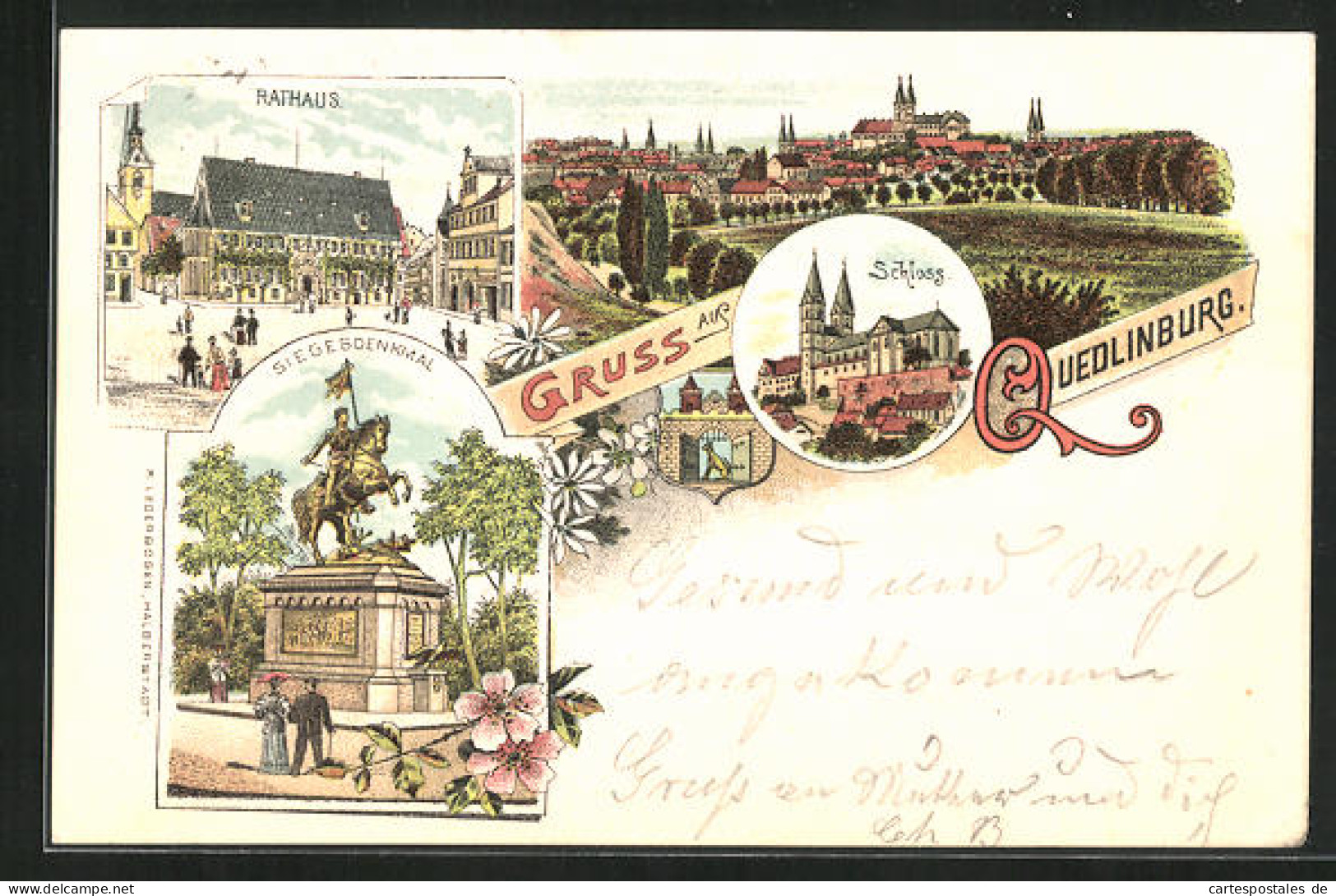 Lithographie Quedlinburg, Rathaus, Siegesdenkmal, Schloss  - Quedlinburg