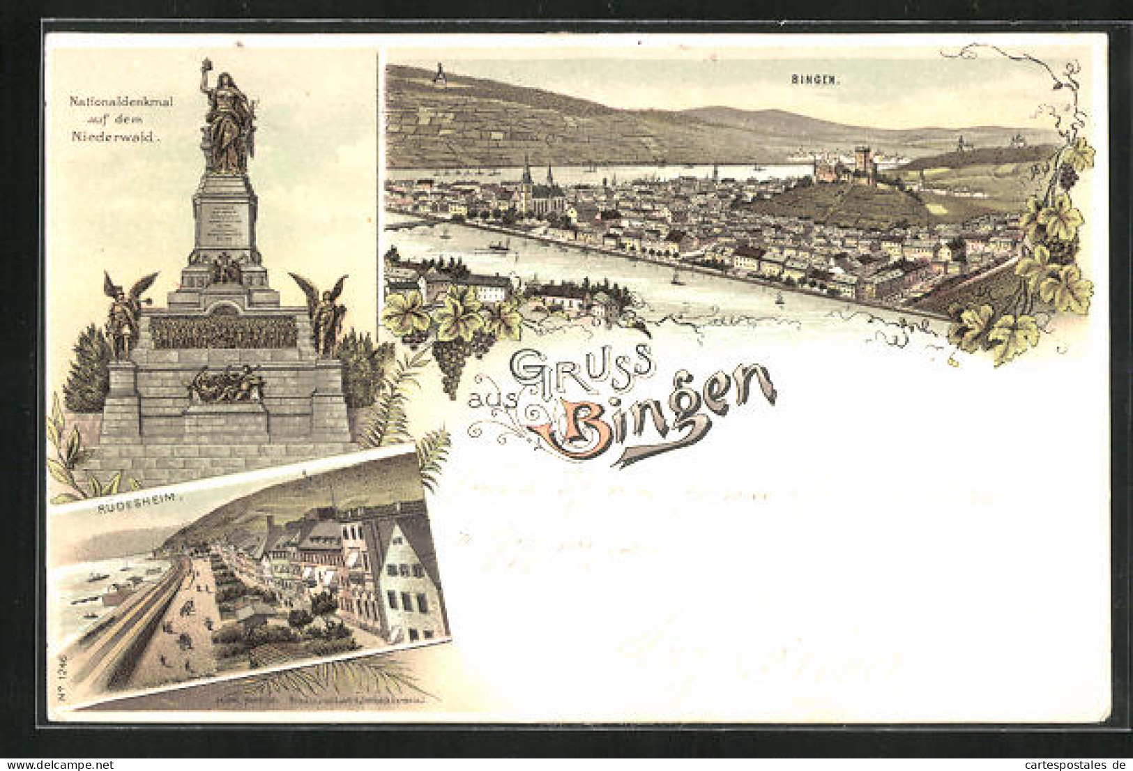 Lithographie Bingen, Nationaldenkmal Auf Dem Niederwald, Rüdesheim, Totalansicht Mit Wasser  - Bingen
