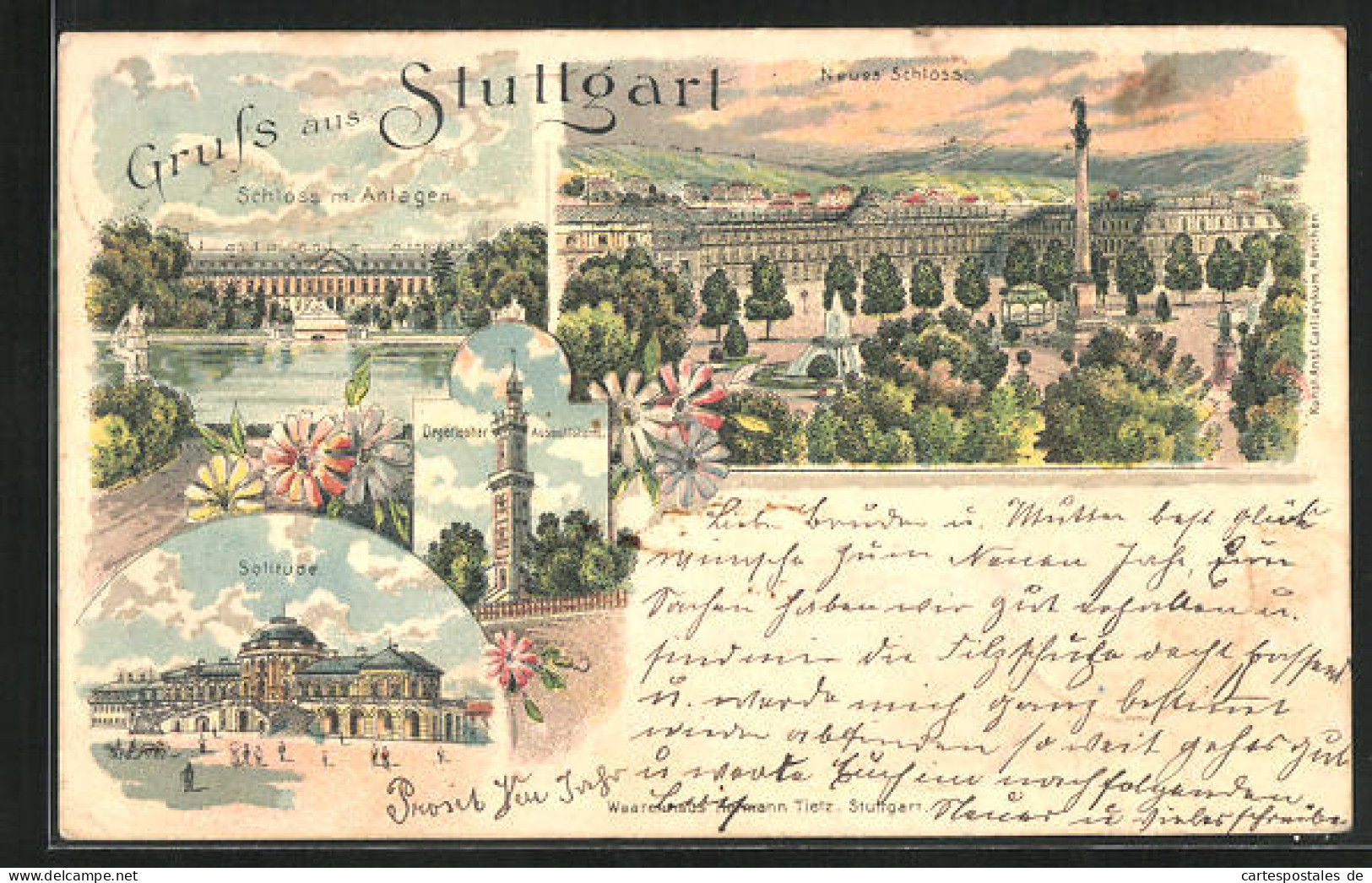 Lithographie Stuttgart, Neues Schloss, Solitude, Schloss M. Anlage  - Stuttgart