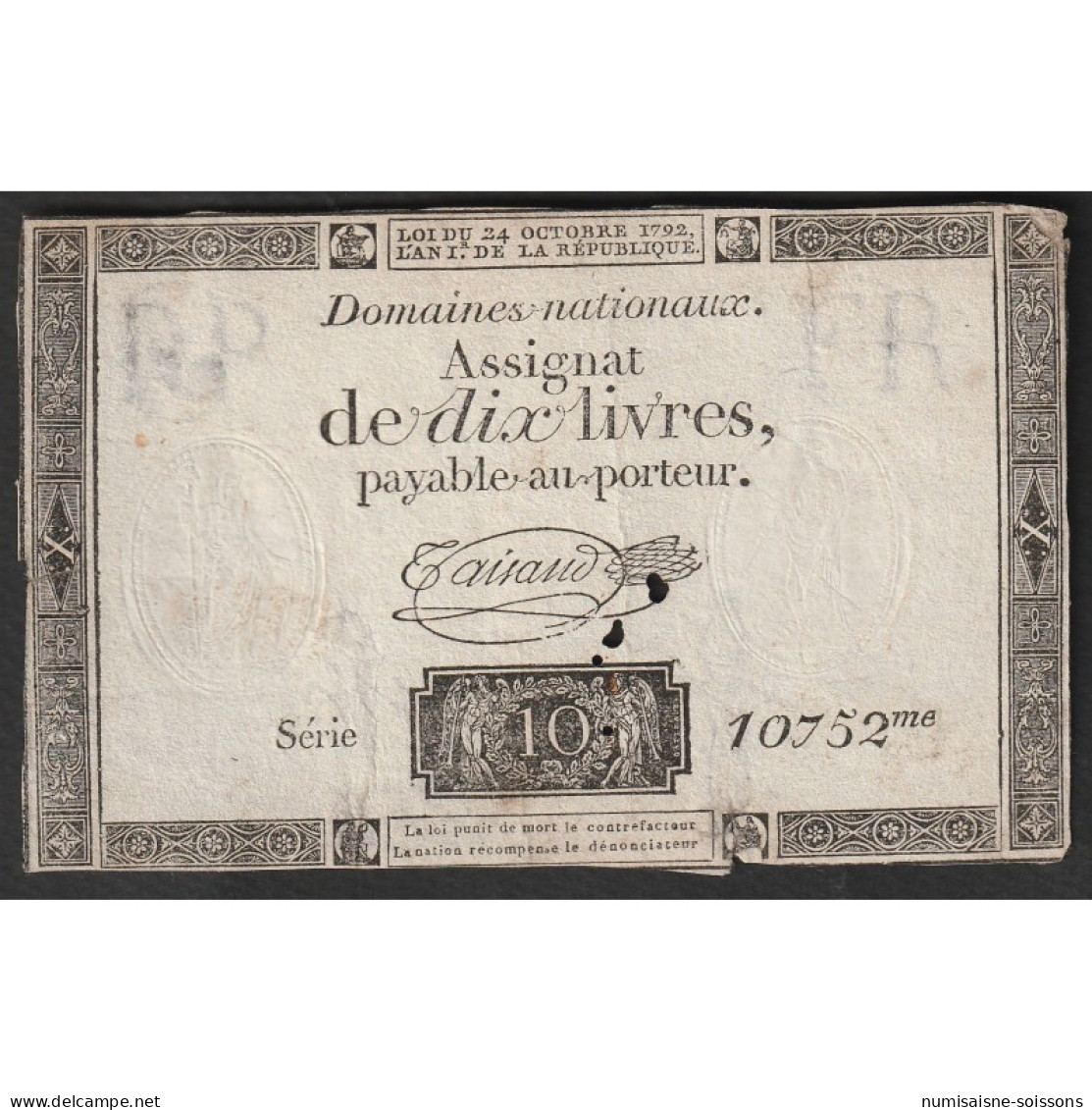 ASSIGNAT DE 10 LIVRES - 24/10/1792 - DOMAINES NATIONAUX - SERIE 10752 - Assignate