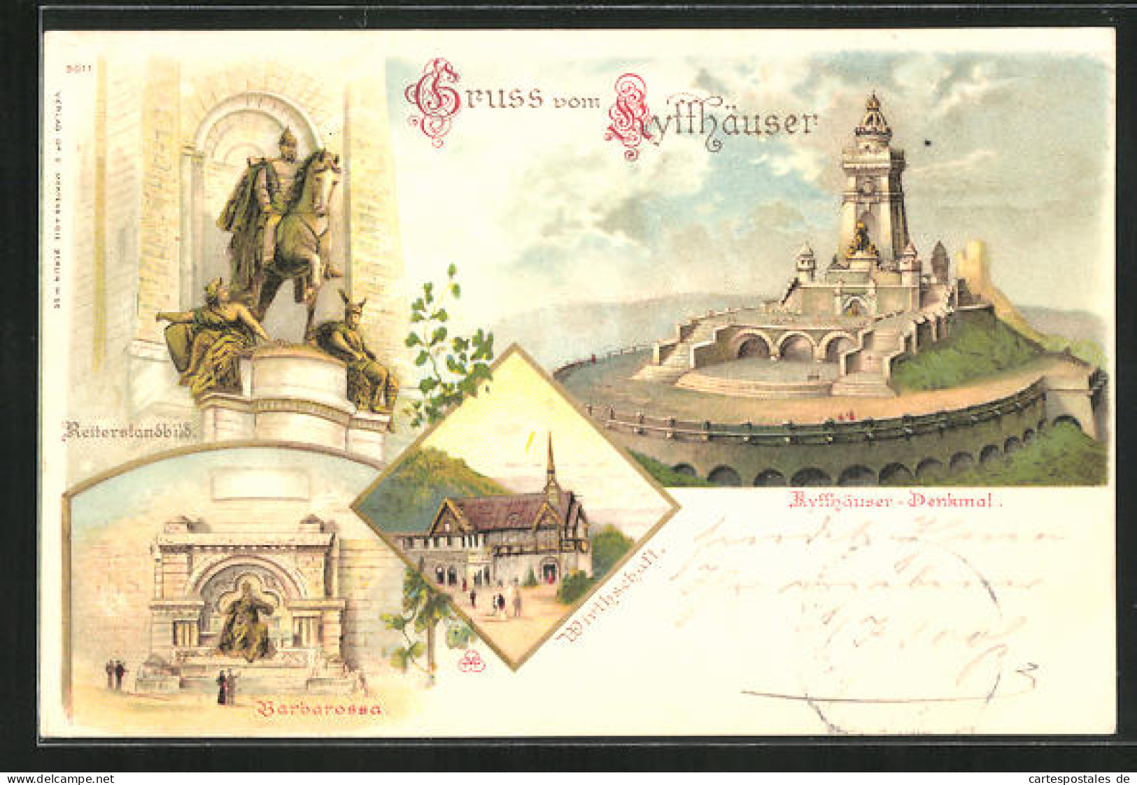 Lithographie Kyffhäuser, Kyffhäuserdenkmal, Reiterstandbild Und Barbarossa  - Kyffhaeuser