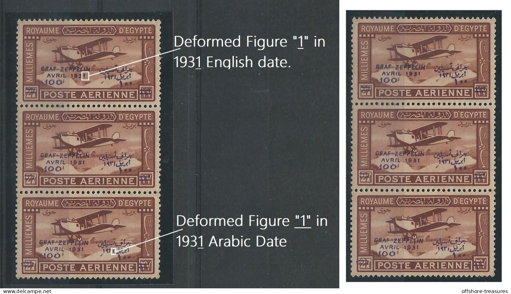 EGYPT 1931 Stamp 100m On 27m Airmail 3 Stamp Strip Deformed GRAF ZEPPELIN SG186 MNH Air Mail Issue - Ongebruikt