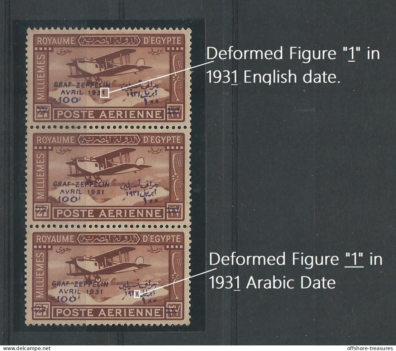 EGYPT 1931 Stamp 100m On 27m Airmail 3 Stamp Strip Deformed GRAF ZEPPELIN SG186 MNH Air Mail Issue - Unused Stamps