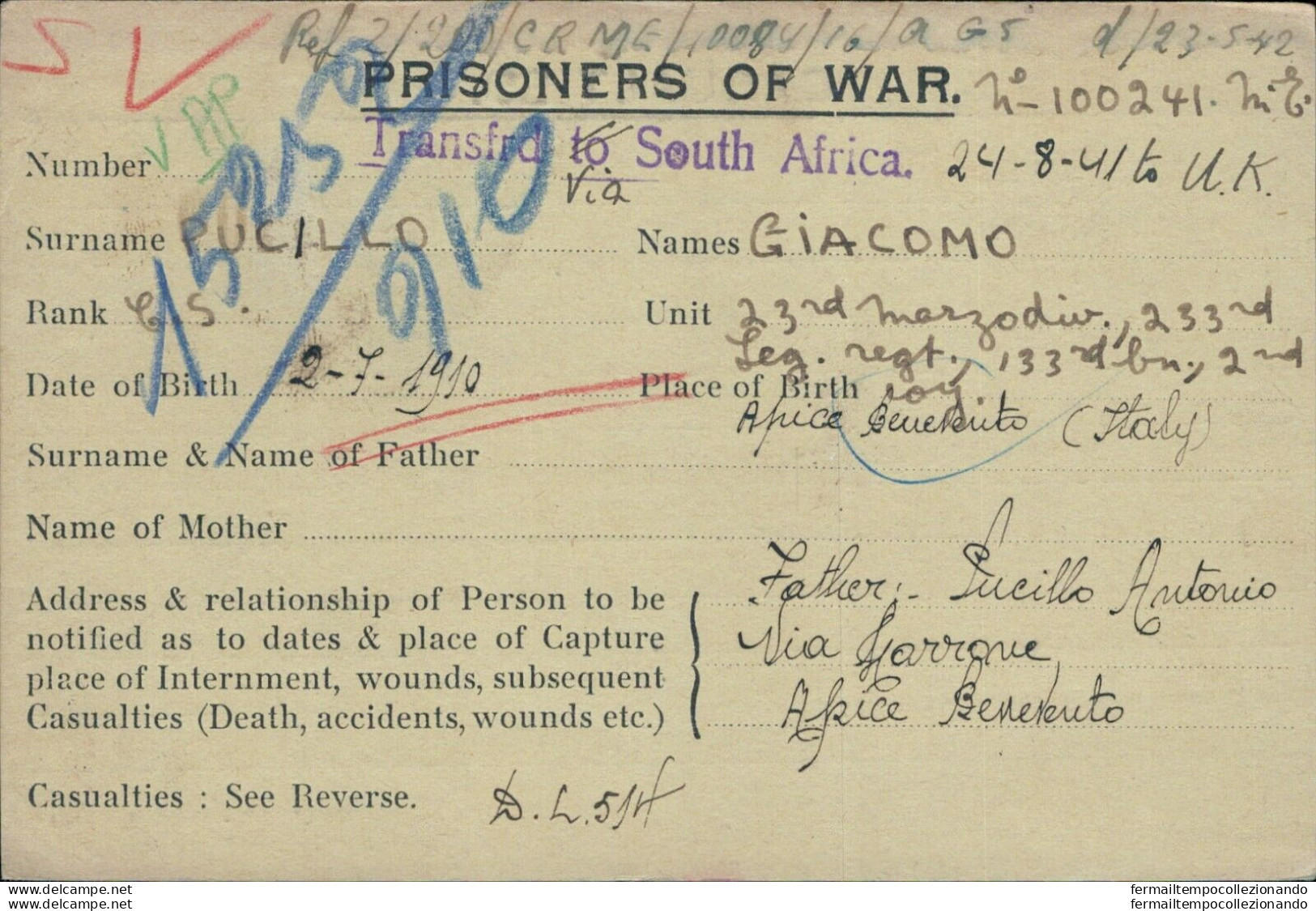 Bo63 Franchigia Militare Prigioniero Di Guerra In Sudafrica X Apice Benevento - Portofreiheit