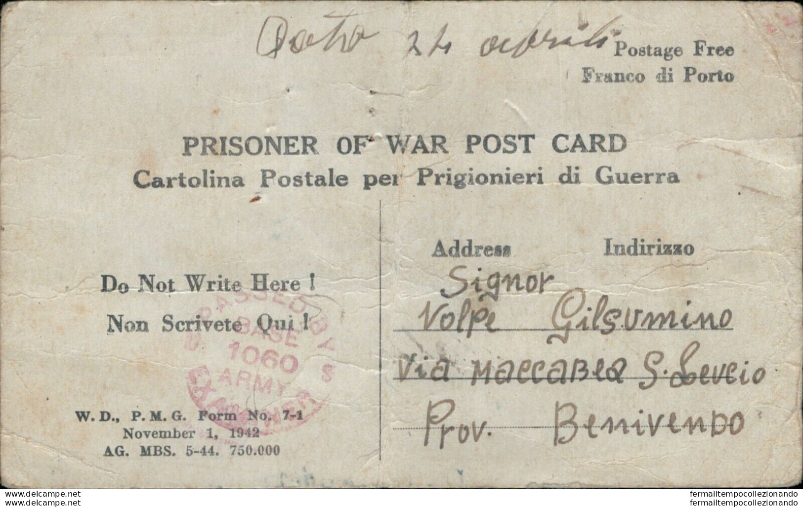 Bo88 Franchigia Militare Prigioniero Di Guerra Per San Leucio Caserta 1944 - Portofreiheit