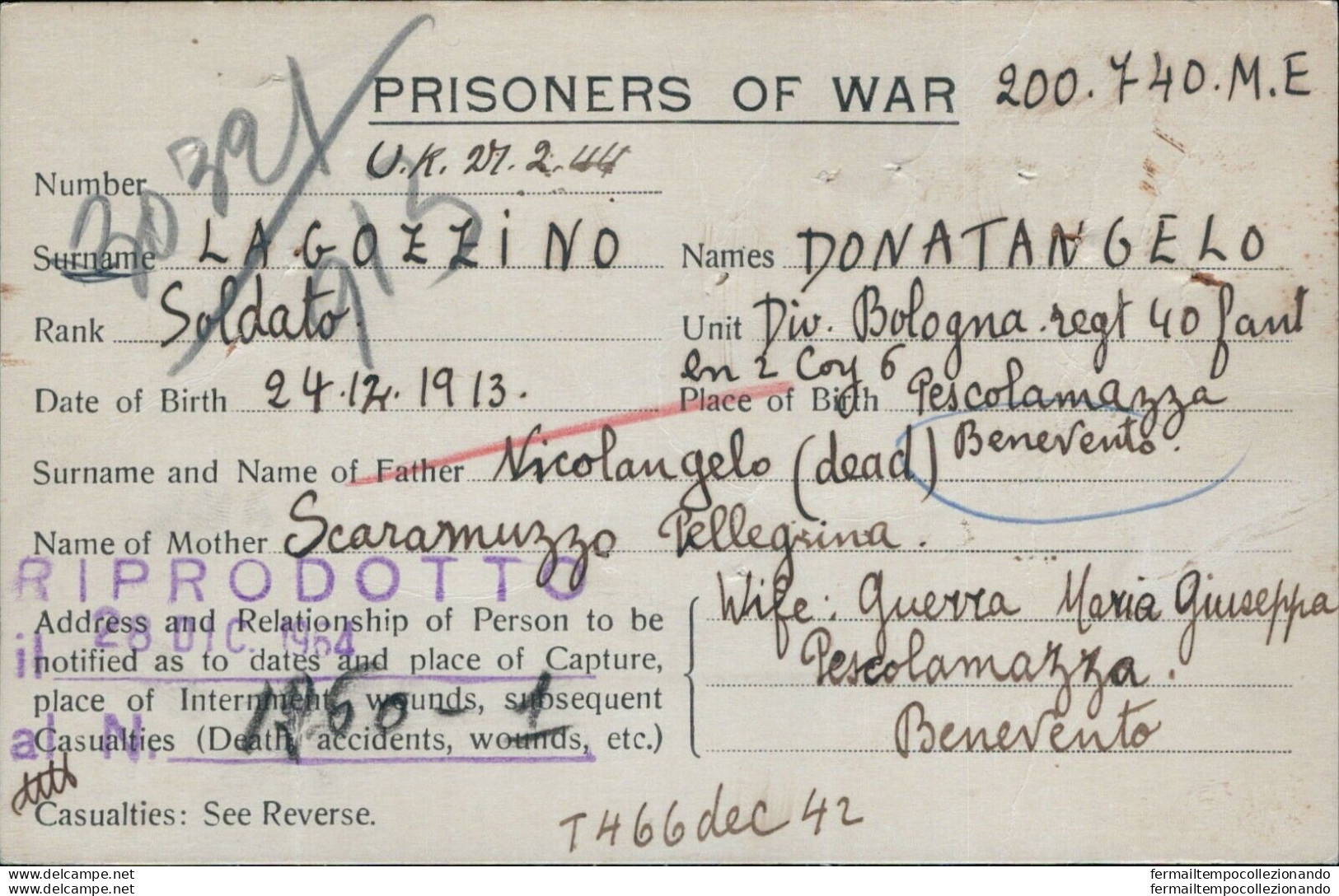 Bo124 Franchigia Militare Prigioniero Di Guerra In Egitto Pescolamazza Benevento - Franchise