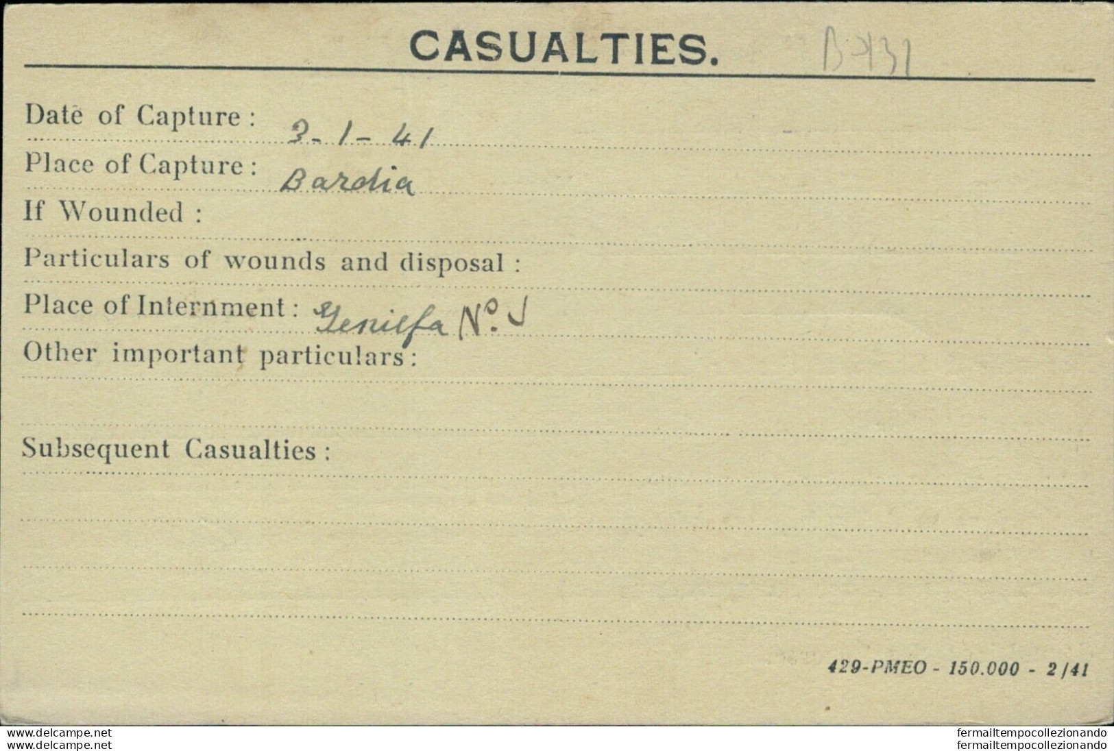 Bo131 Franchigia Militare Prigioniero Di Guerra  S.felice Cusano Mutri Benevento - Franchise