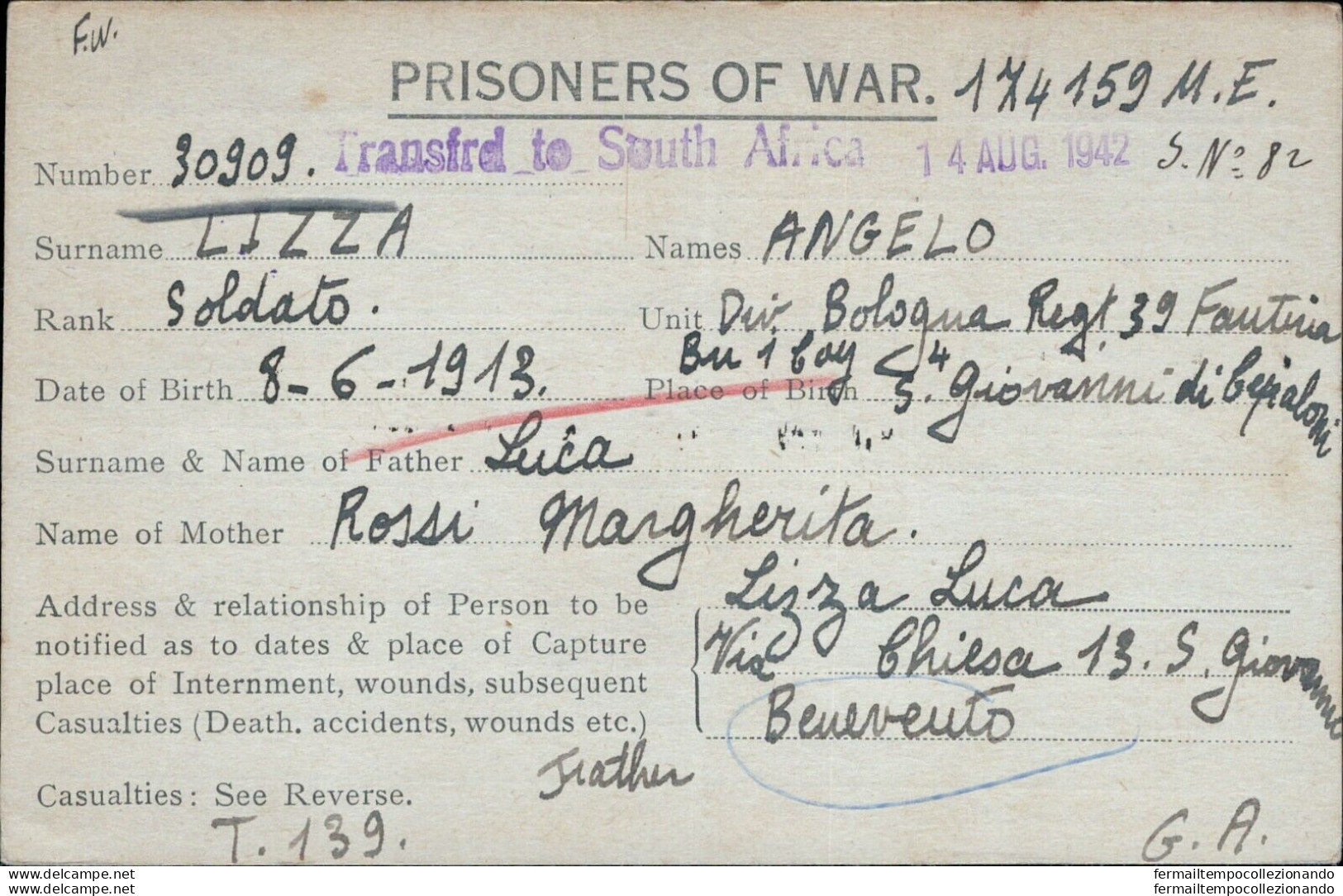 Bo123 Franchigia Militare Prigioniero Di Guerra  S.giovanni Benevento - Franchise