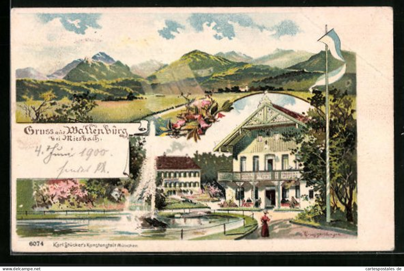 Lithographie Miesbach, Gasthaus Wallenburg Mit Fontäne, Bergpanorama  - Miesbach