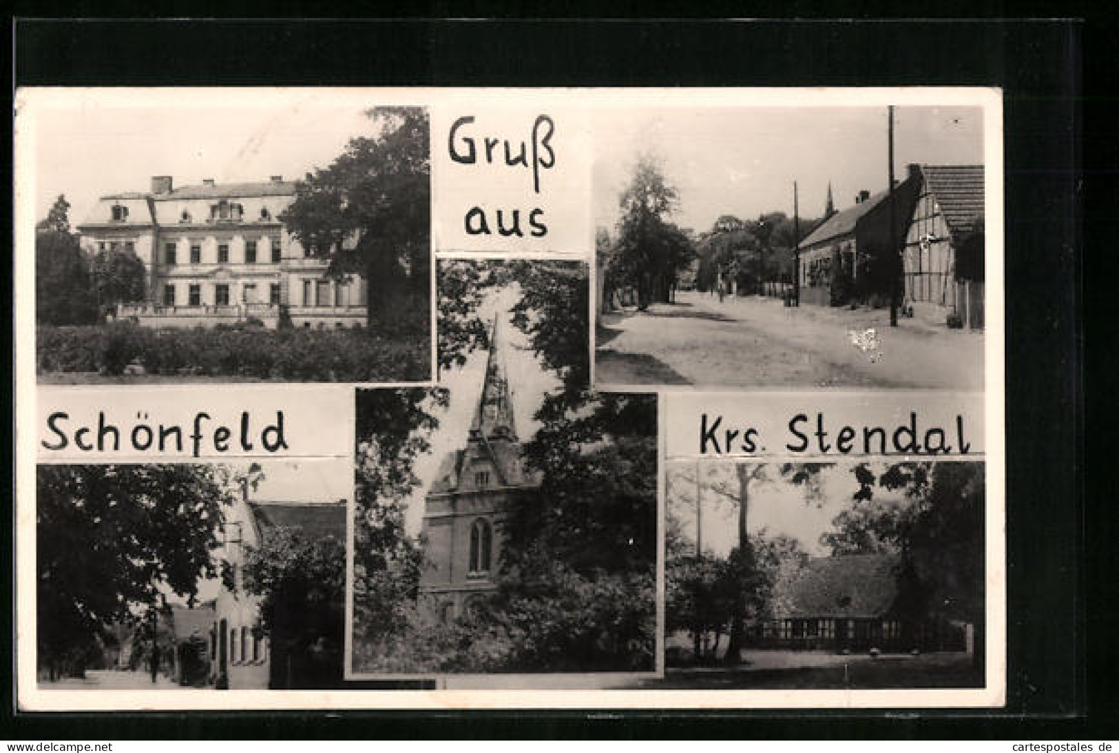 AK Schönfeld /Krs. Stendal, Kirche, Gebäudeansicht, Ortspartie  - Stendal