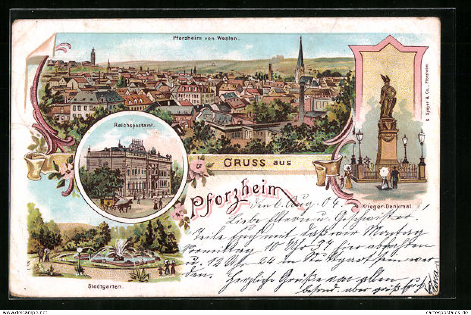 Lithographie Pforzheim, Ortsansicht Von Westen, Reichspostamt, Stadtgarten  - Pforzheim