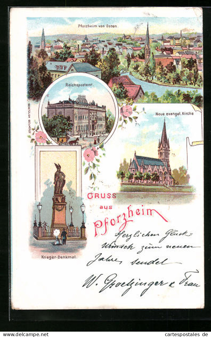 Lithographie Pforzheim, Ortsansicht Von Osten, Ev. Kirche, Reichspostamt  - Pforzheim
