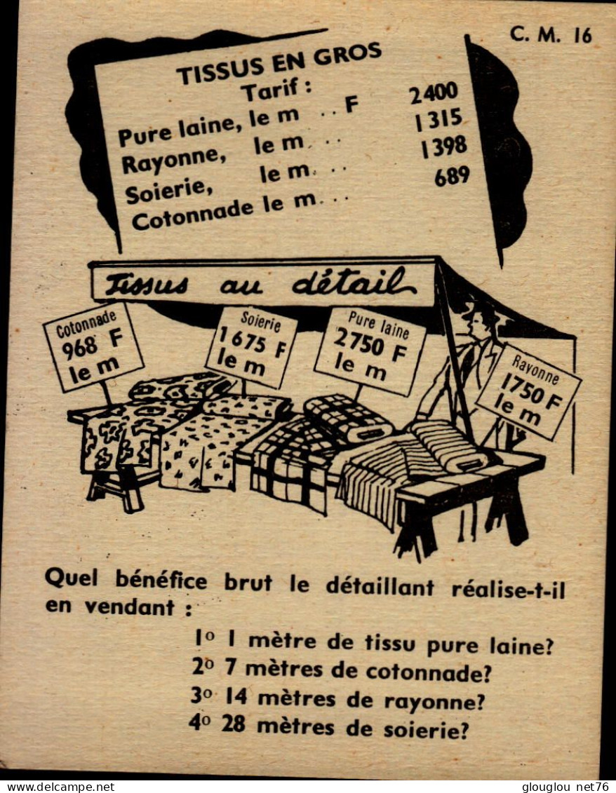 FICHE 13,5/10,5 CM..tissus En Gros..quel Benefice Brut Le Detaillant Realise-t-il En Vendant.   MATHEMATIQUE..DOS VIERGE - Autres & Non Classés