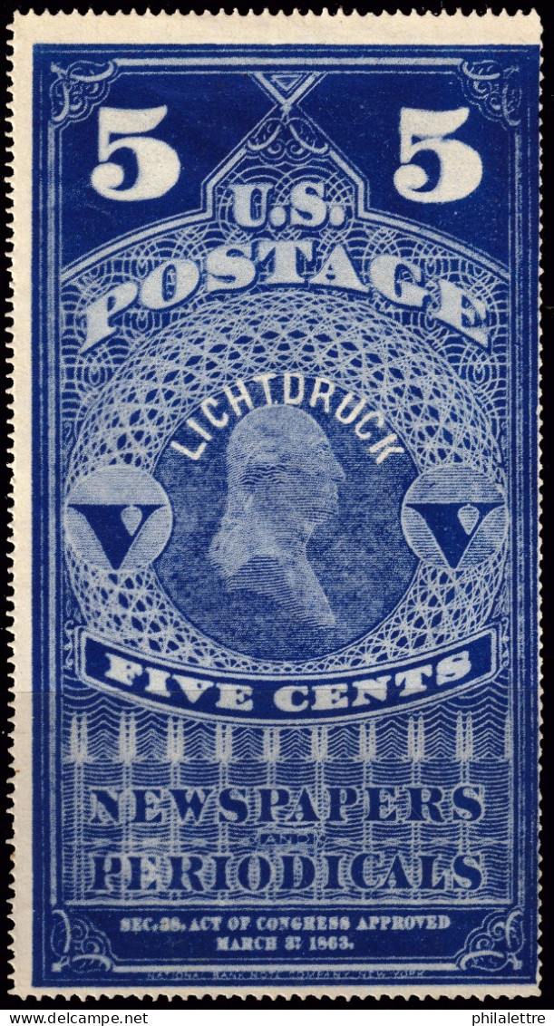 ÉTATS-UNIS / USA - 1875 German Reproduction ("LICHTDRUCK") Of Sc.PR5 5c Dark Blue - Periódicos & Gacetas